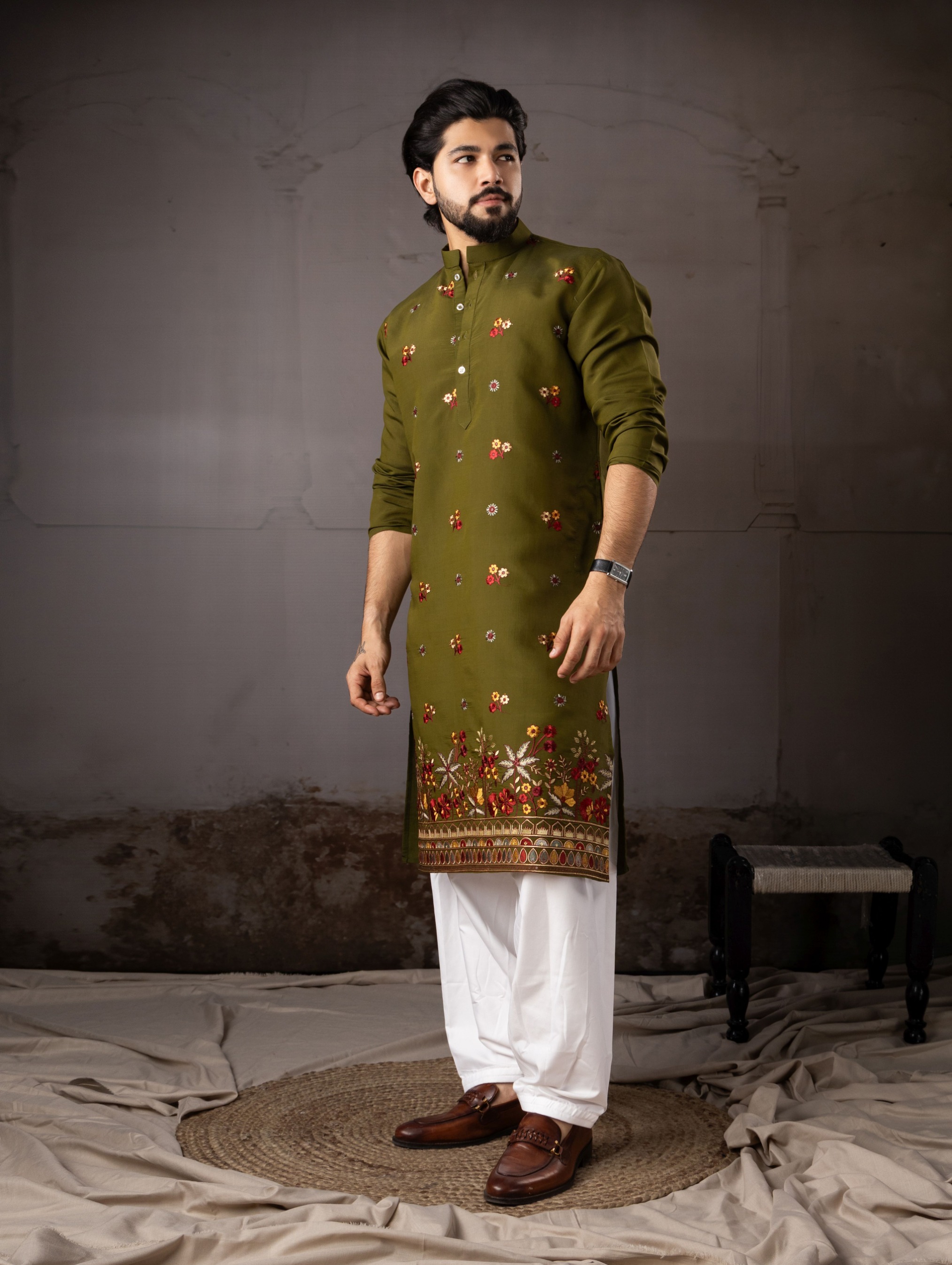 Mehendi Floral Butta Silk Embroidered Kurta Pyjama