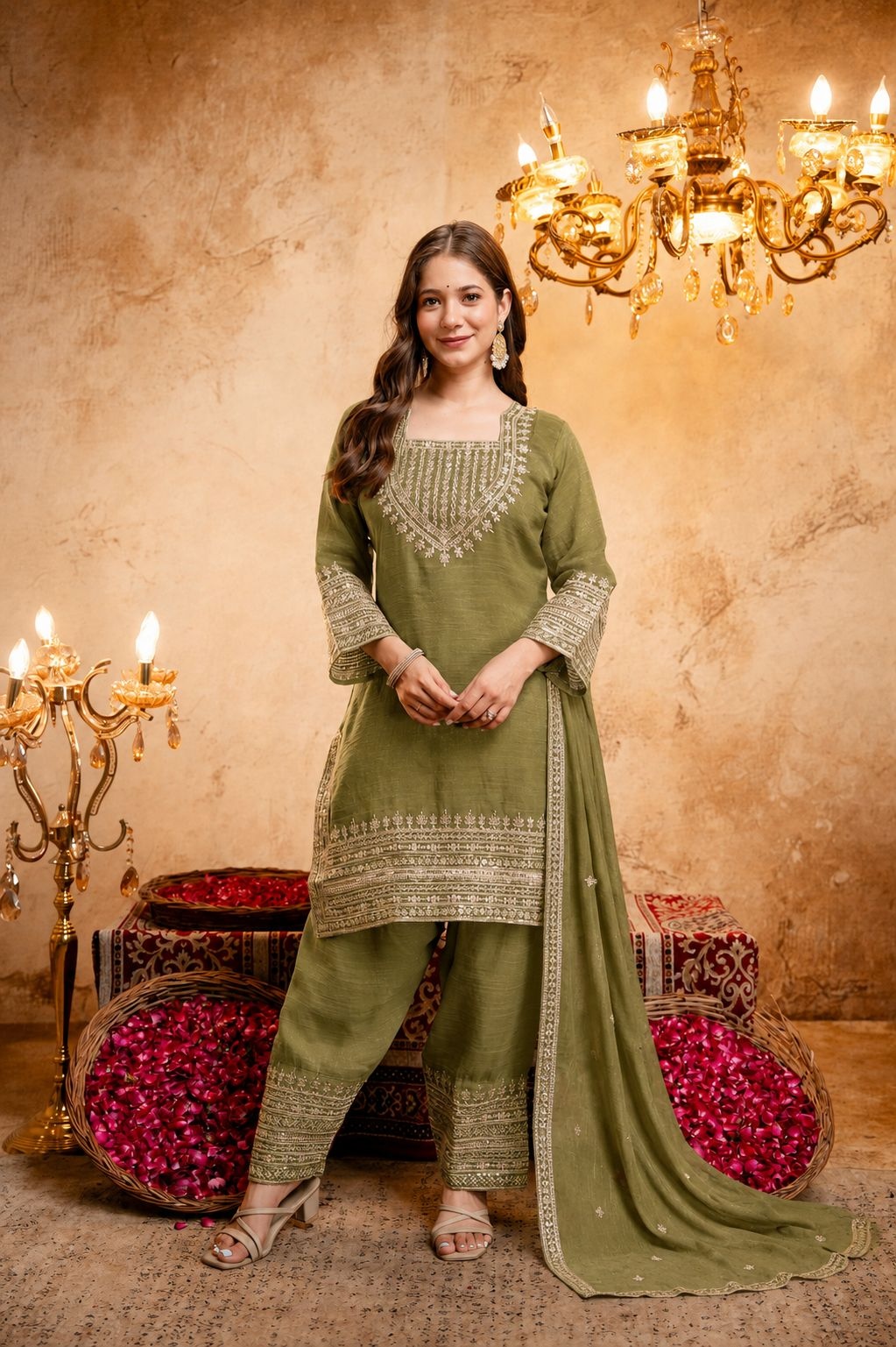 Mehendi Floral Designer Embroidery Crunchy Palazzo Suit