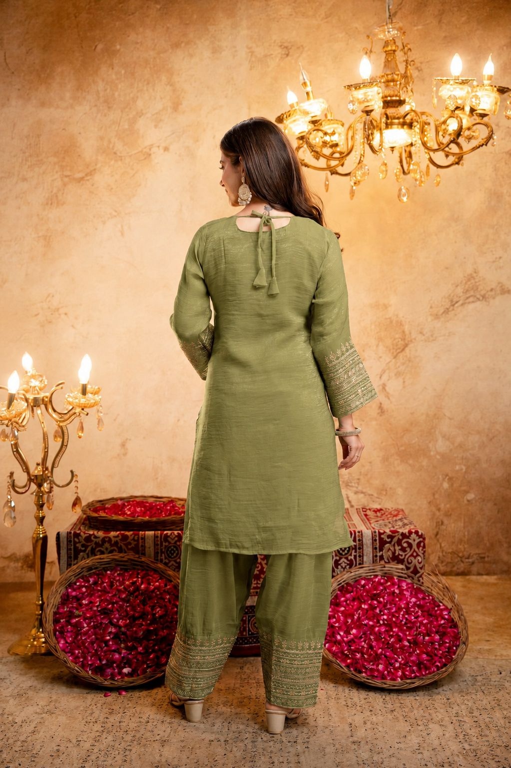 Mehendi Floral Designer Embroidery Crunchy Palazzo Suit — alternate view