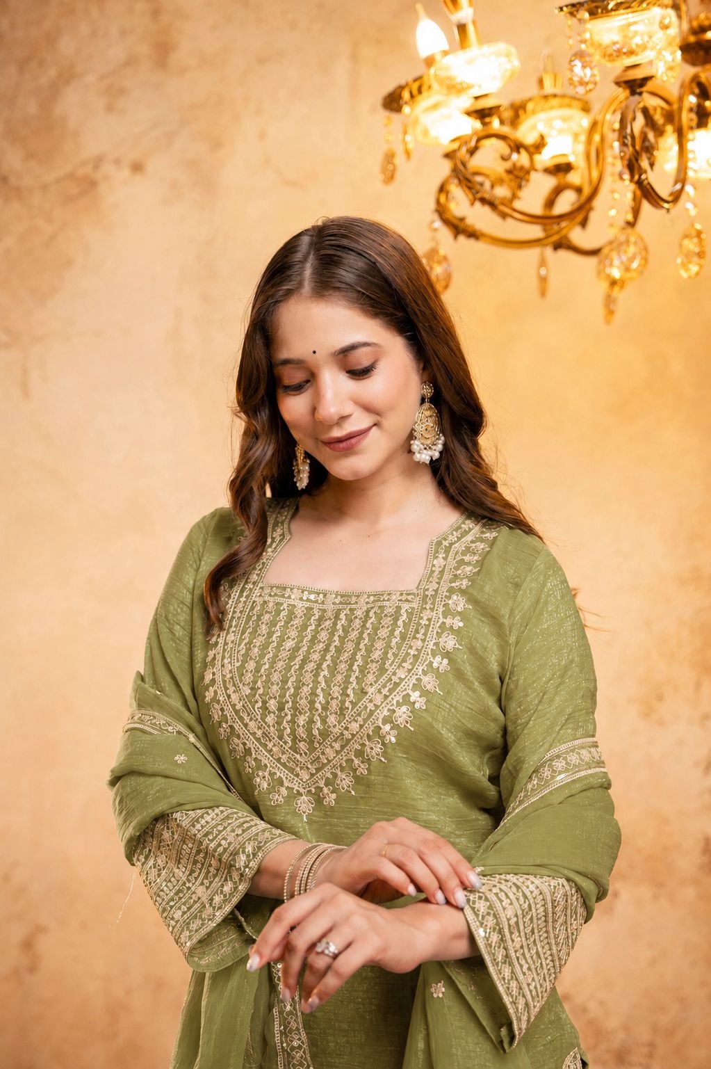 Mehendi Floral Designer Embroidery Crunchy Palazzo Suit