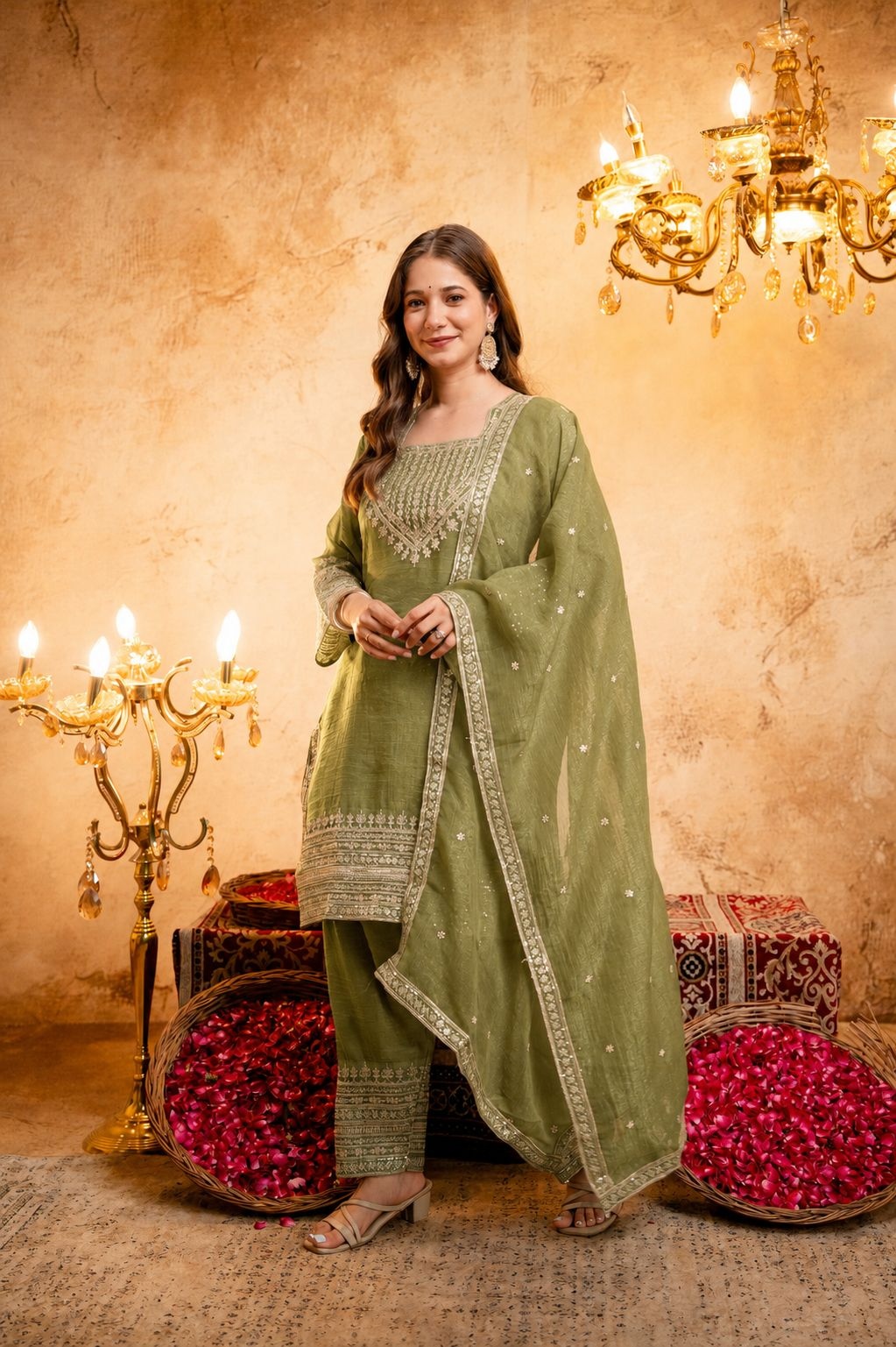 Mehendi Floral Designer Embroidery Crunchy Palazzo Suit