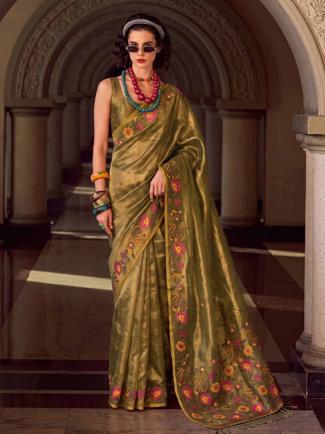 Mehendi Floral Designer Multithread Embroidery Tissue Silk Saree