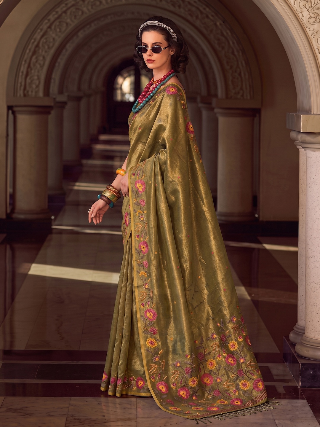 Mehendi Floral Designer Multithread Embroidery Tissue Silk Saree
