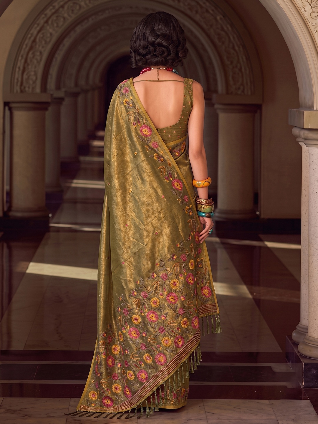 Mehendi Floral Designer Multithread Embroidery Tissue Silk Saree