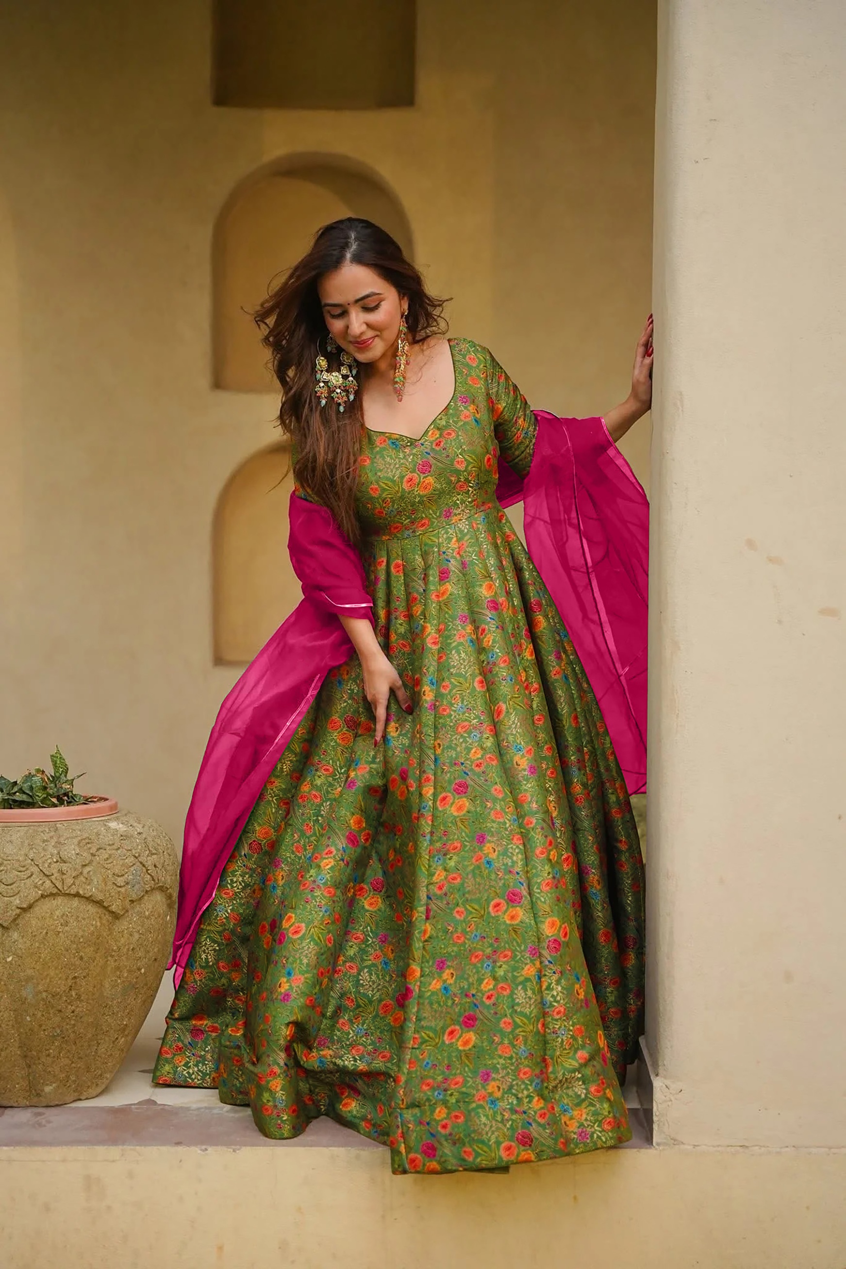 Mehendi Floral Digital Print Silk Empire Gown