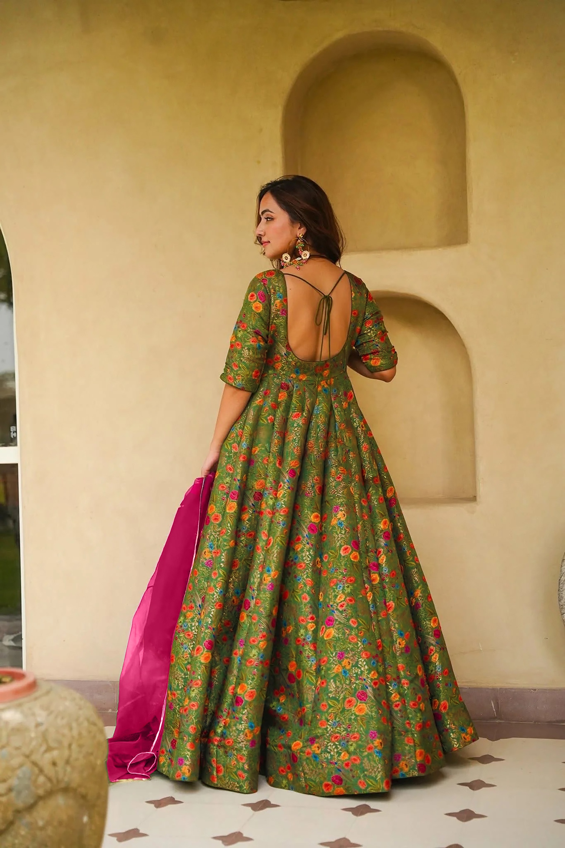 Mehendi Floral Digital Print Silk Empire Gown — alternate view