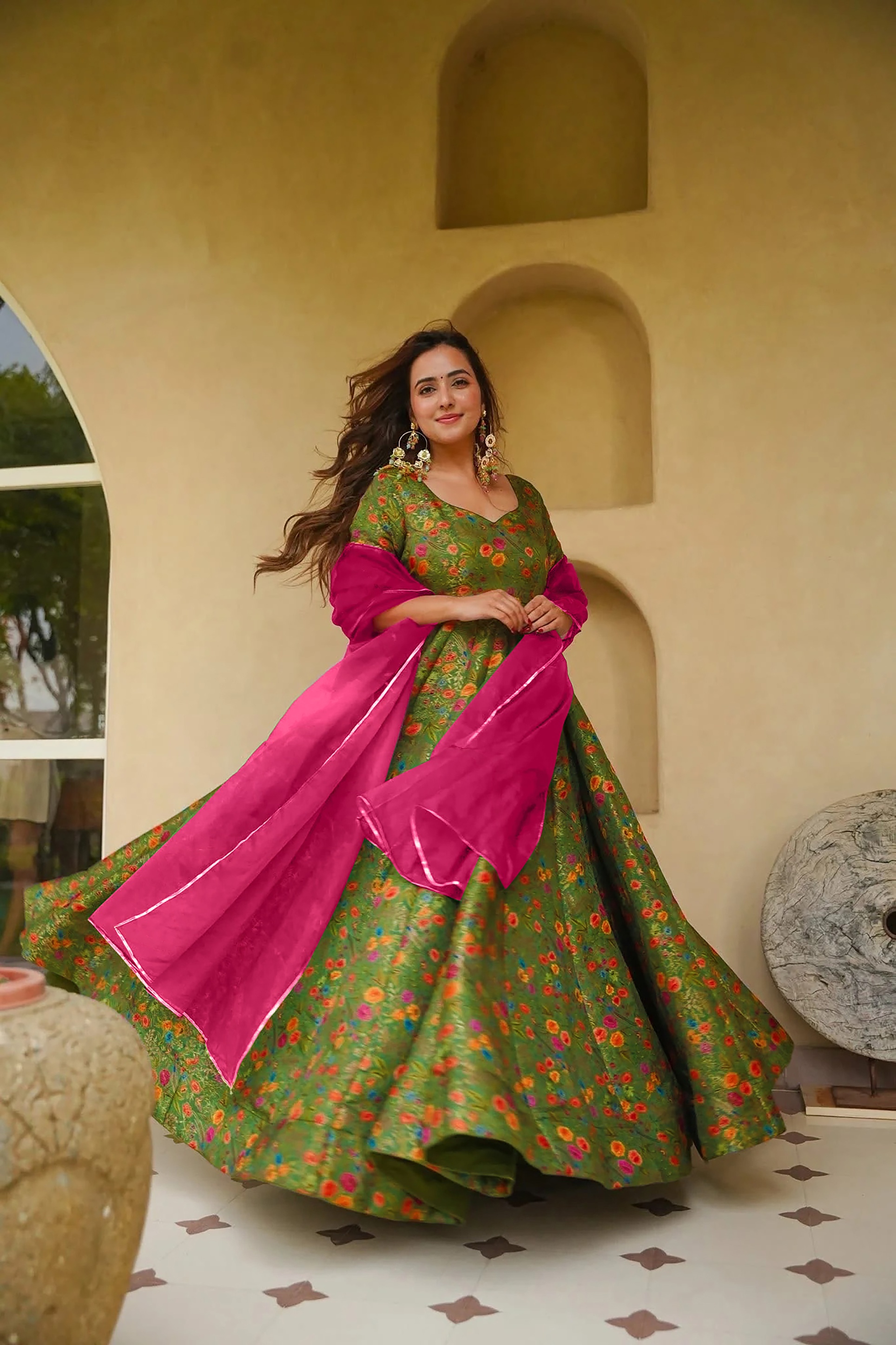 Mehendi Floral Digital Print Silk Empire Gown