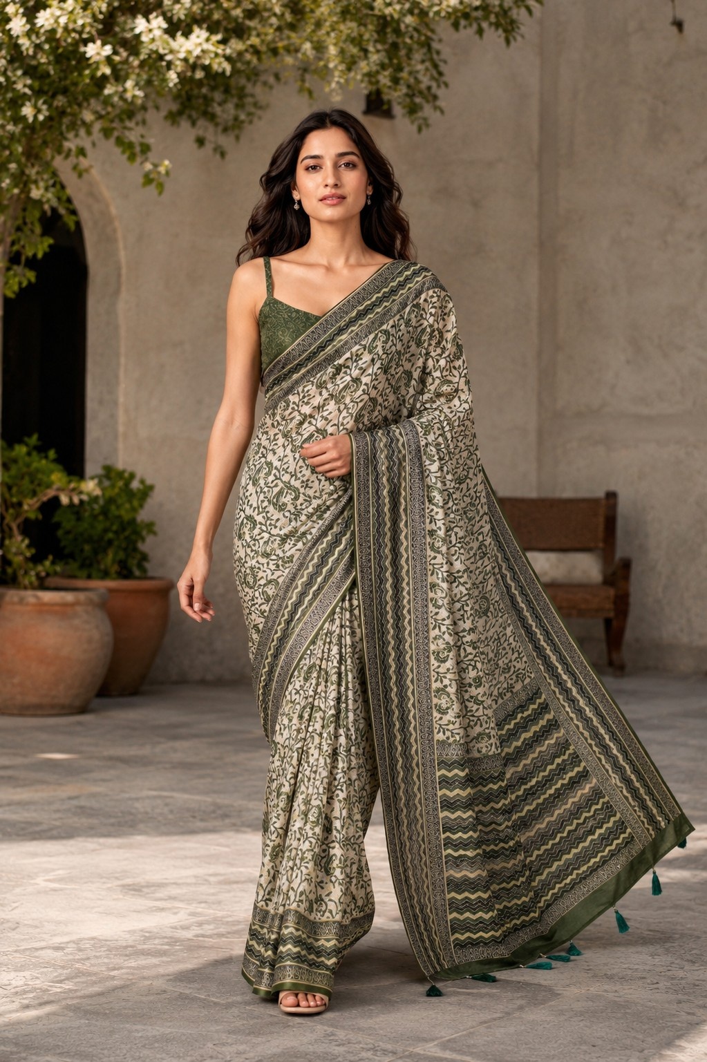 Mehendi Floral Digital Printed Chanderi Linen Saree