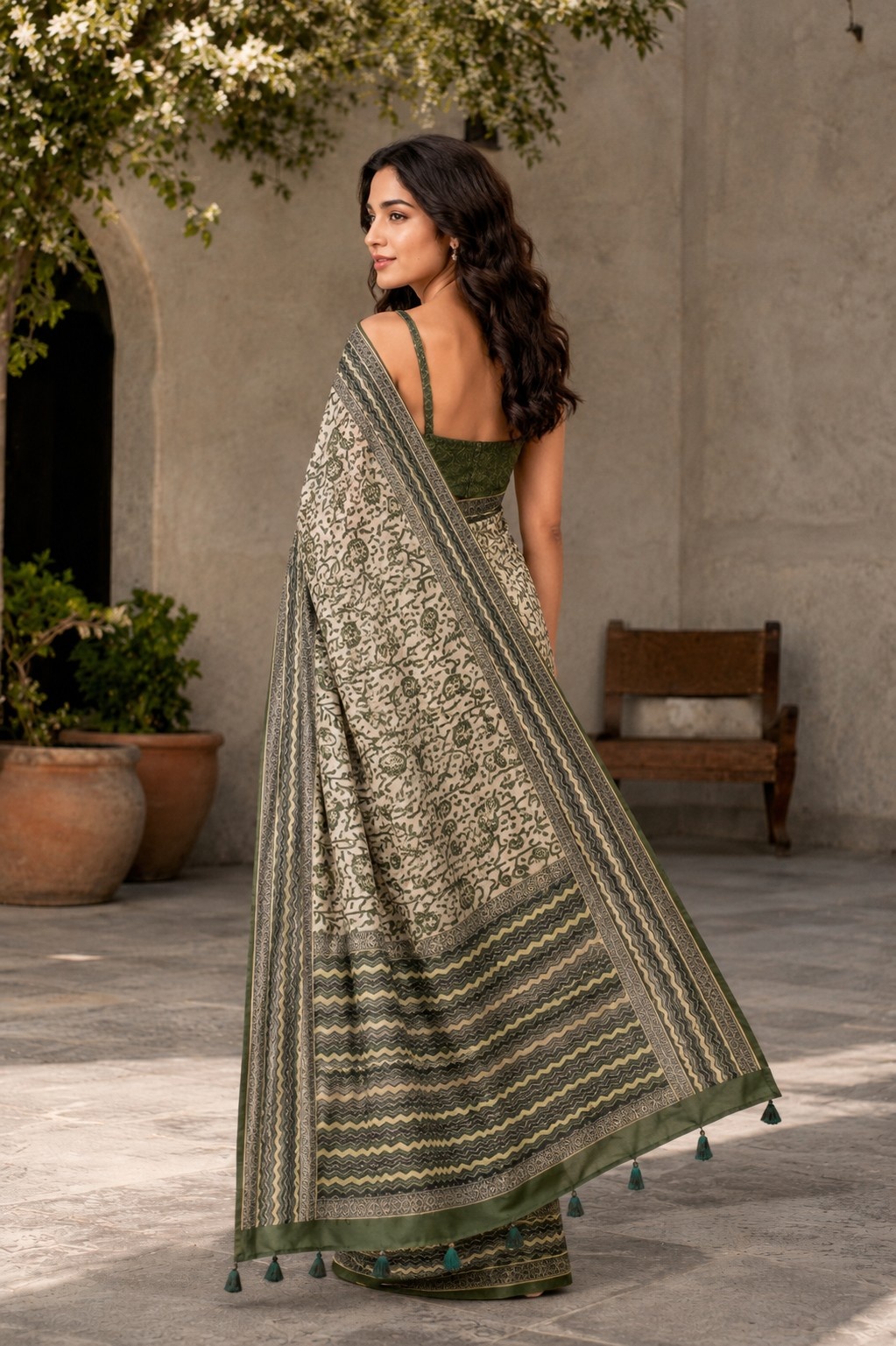Mehendi Floral Digital Printed Chanderi Linen Saree — alternate view