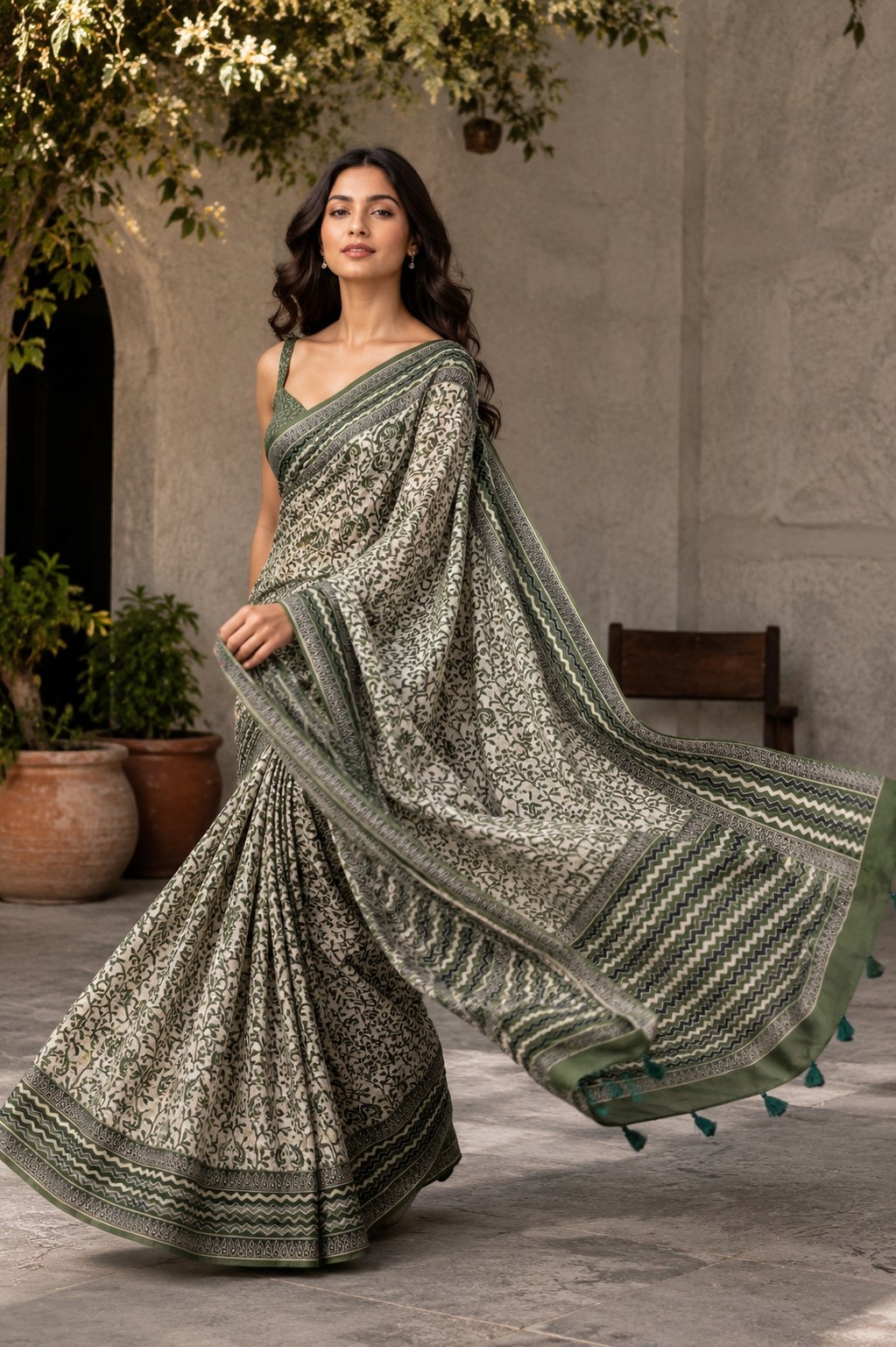 Mehendi Floral Digital Printed Chanderi Linen Saree