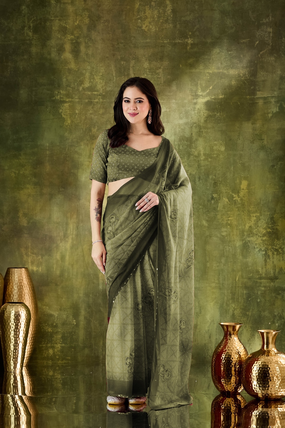Mehendi Floral Embellished Chiffon Ready To Wear Saree