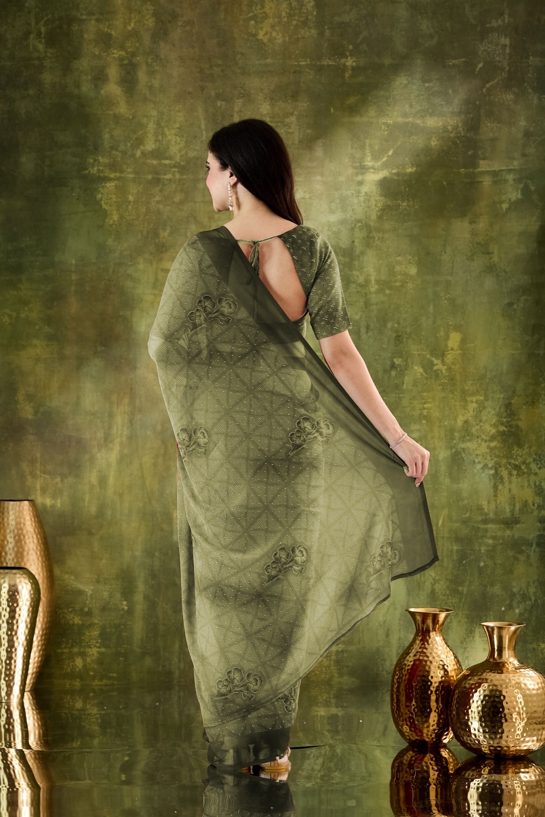 Mehendi Floral Embellished Chiffon Ready To Wear Saree — alternate view
