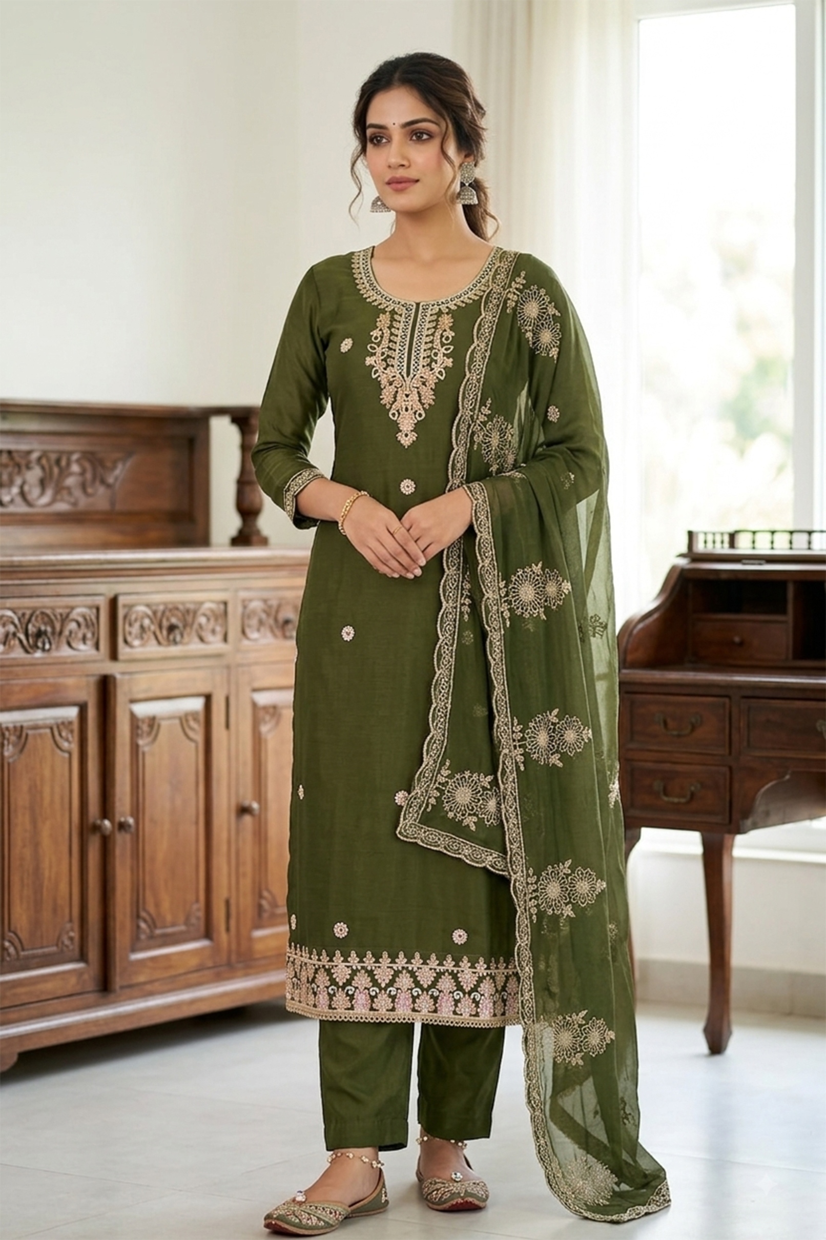 Mehendi Floral Embroidered Cotton Straight Suit