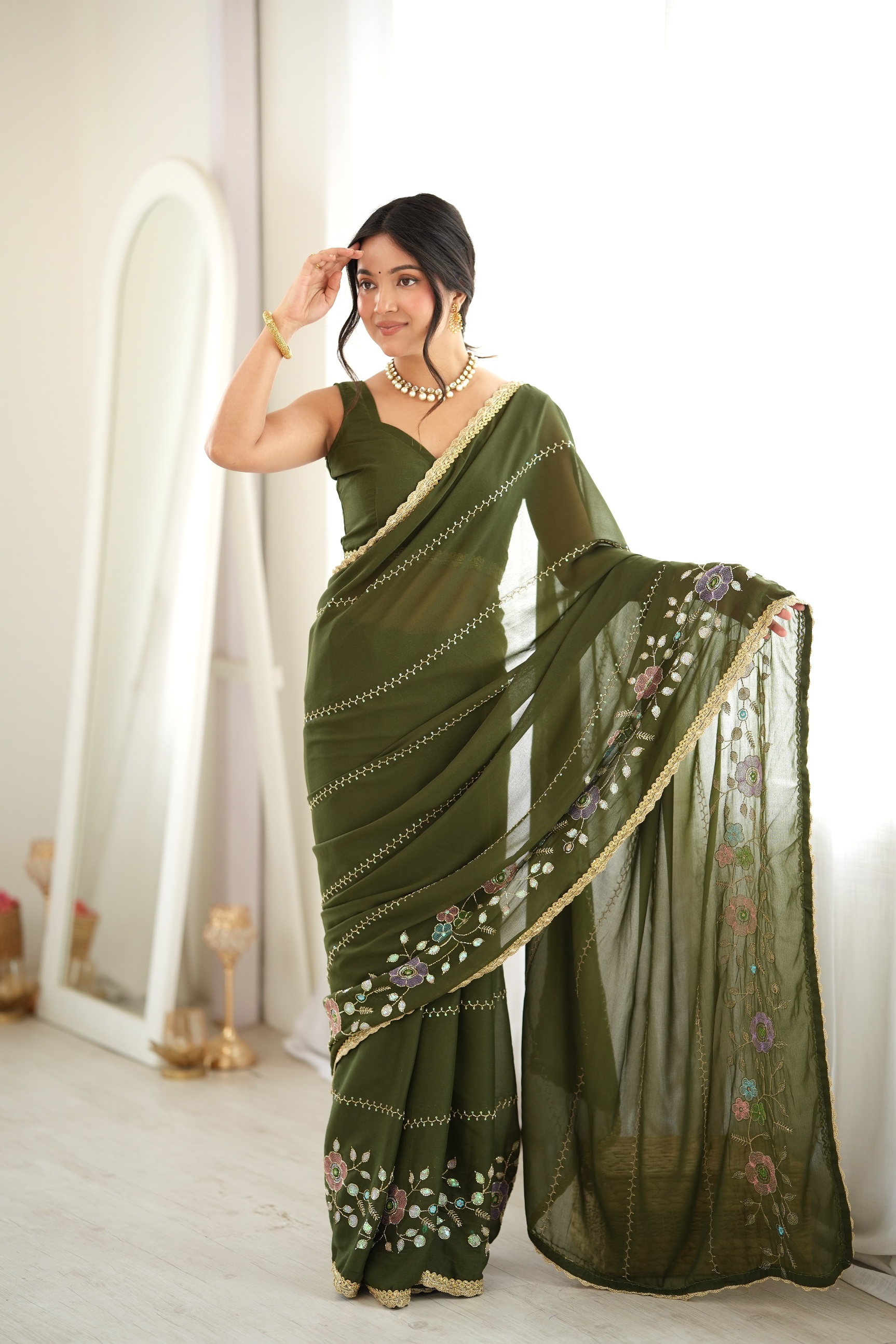 Mehendi Floral Embroidered Star Georgette Saree