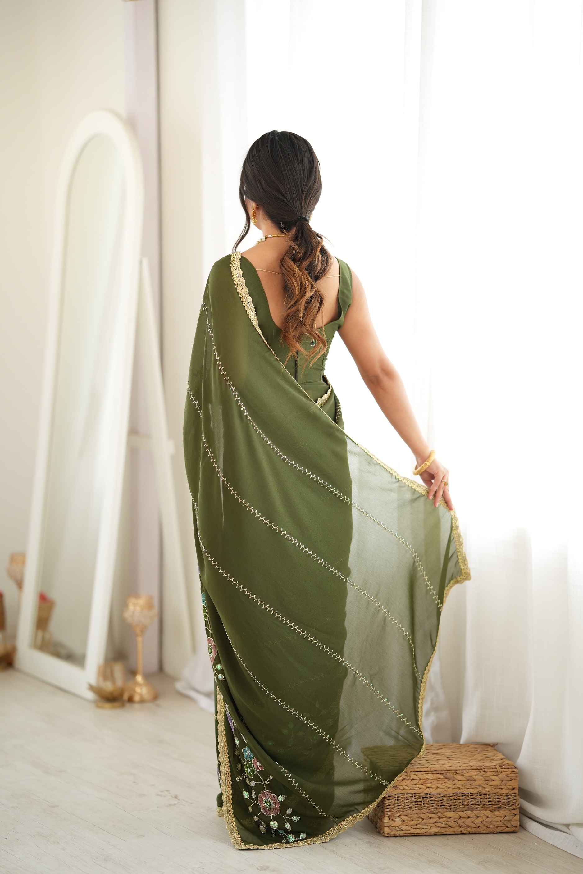 Mehendi Floral Embroidered Star Georgette Saree — alternate view