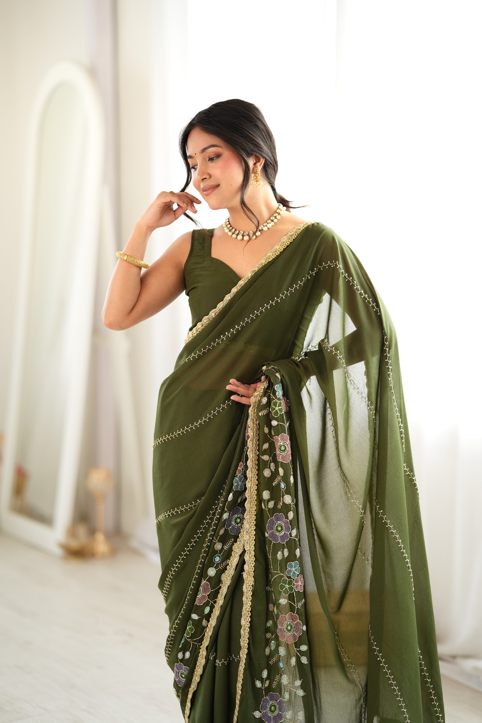 Mehendi Floral Embroidered Star Georgette Saree