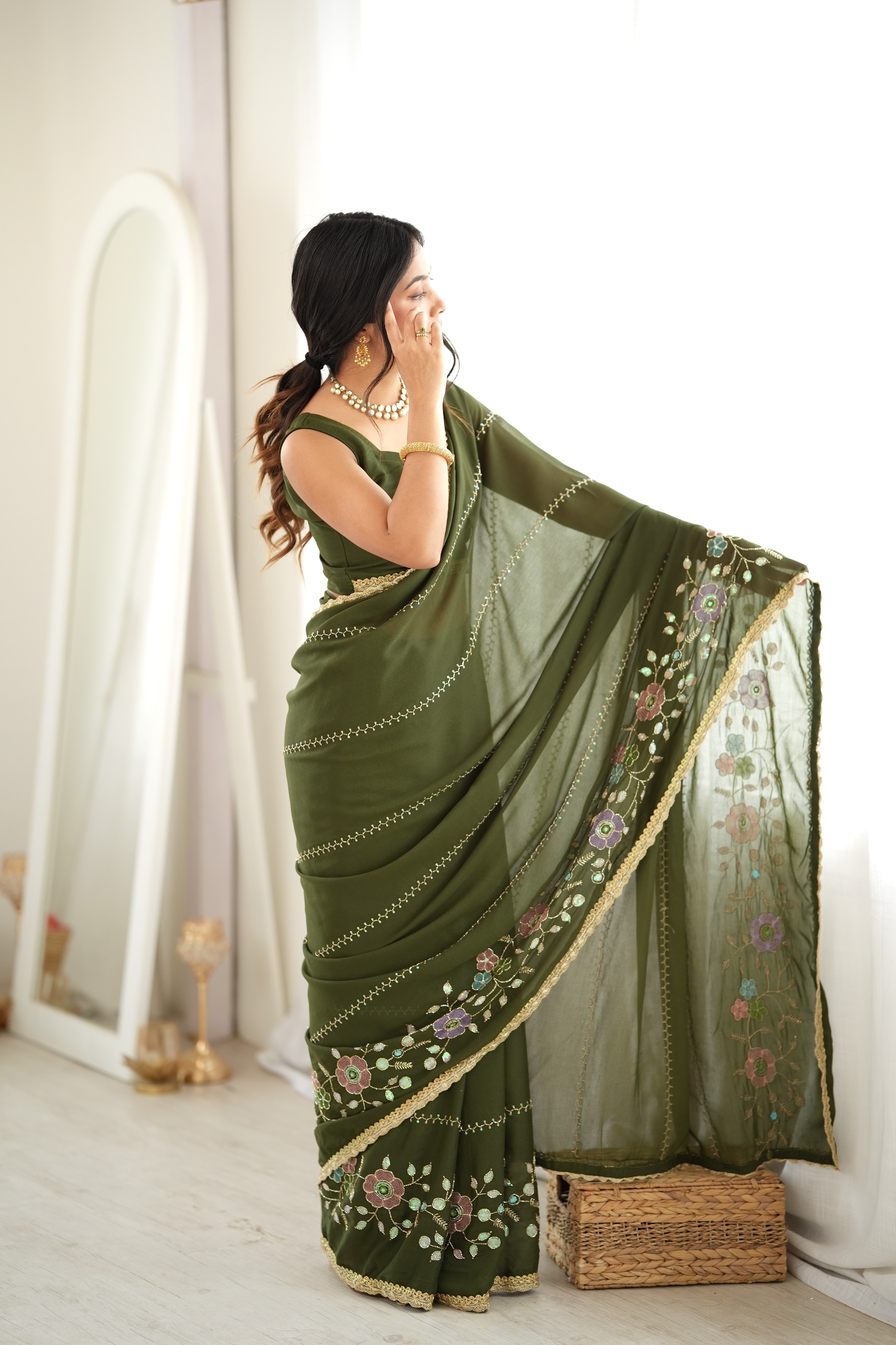 Mehendi Floral Embroidered Star Georgette Saree
