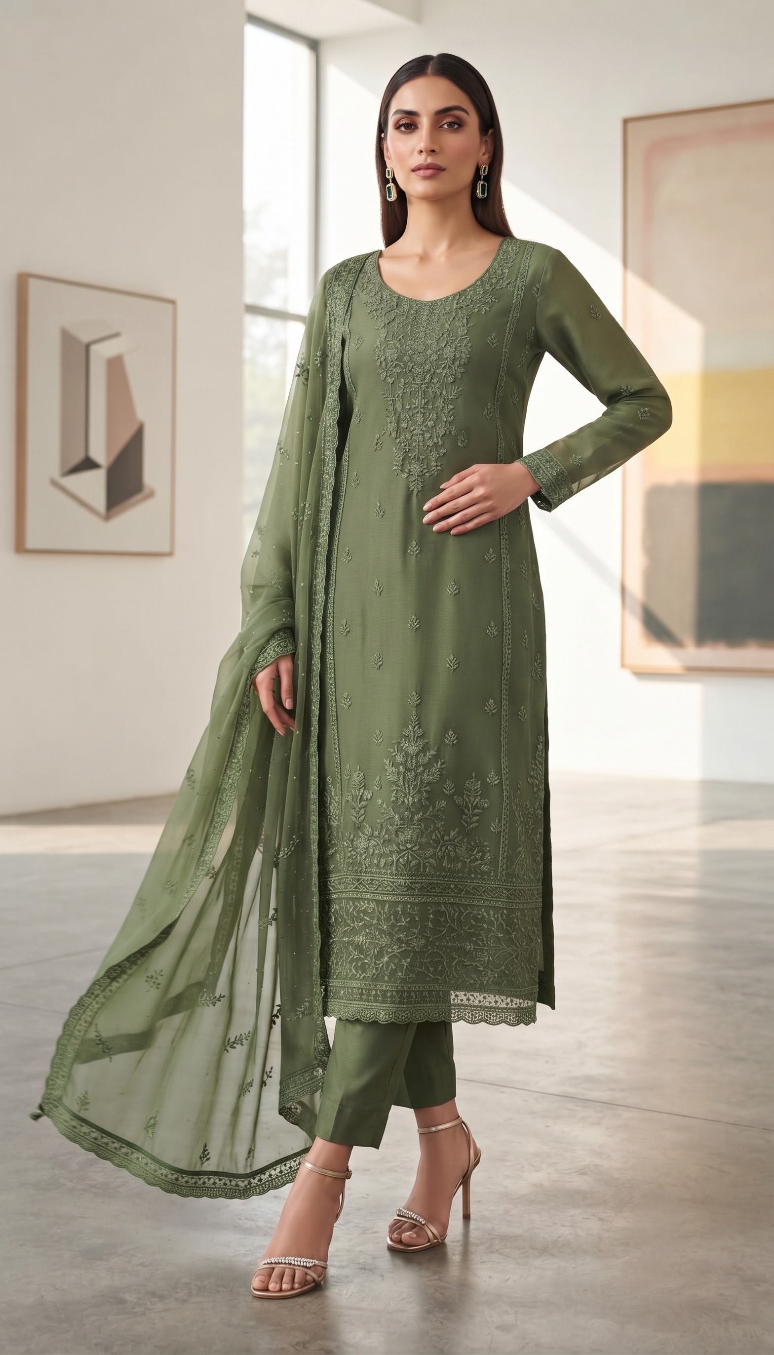 Mehendi Floral Embroidered Straight Suit