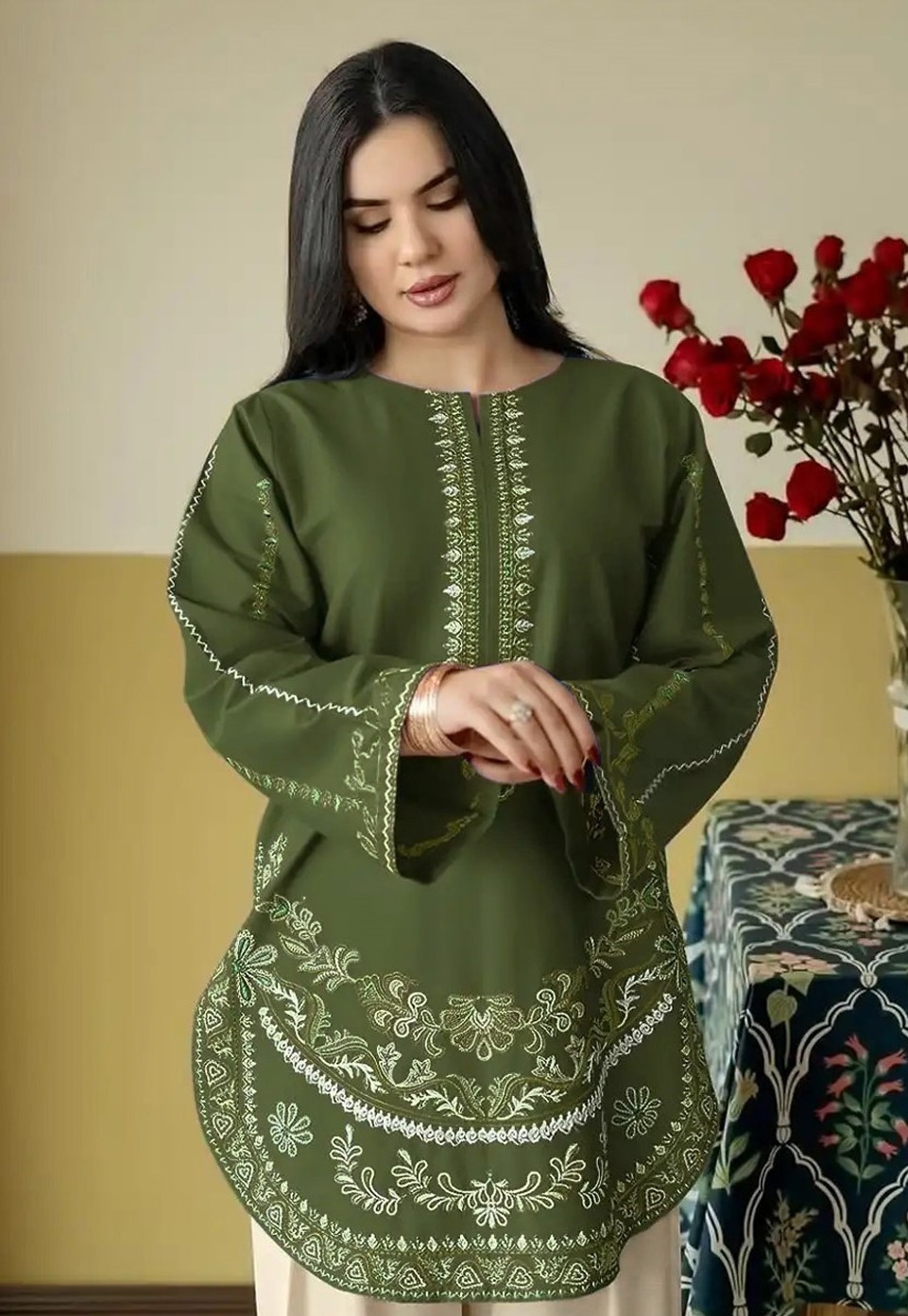 Mehendi Floral Embroidery Roman Silk Palazzo Suit — alternate view