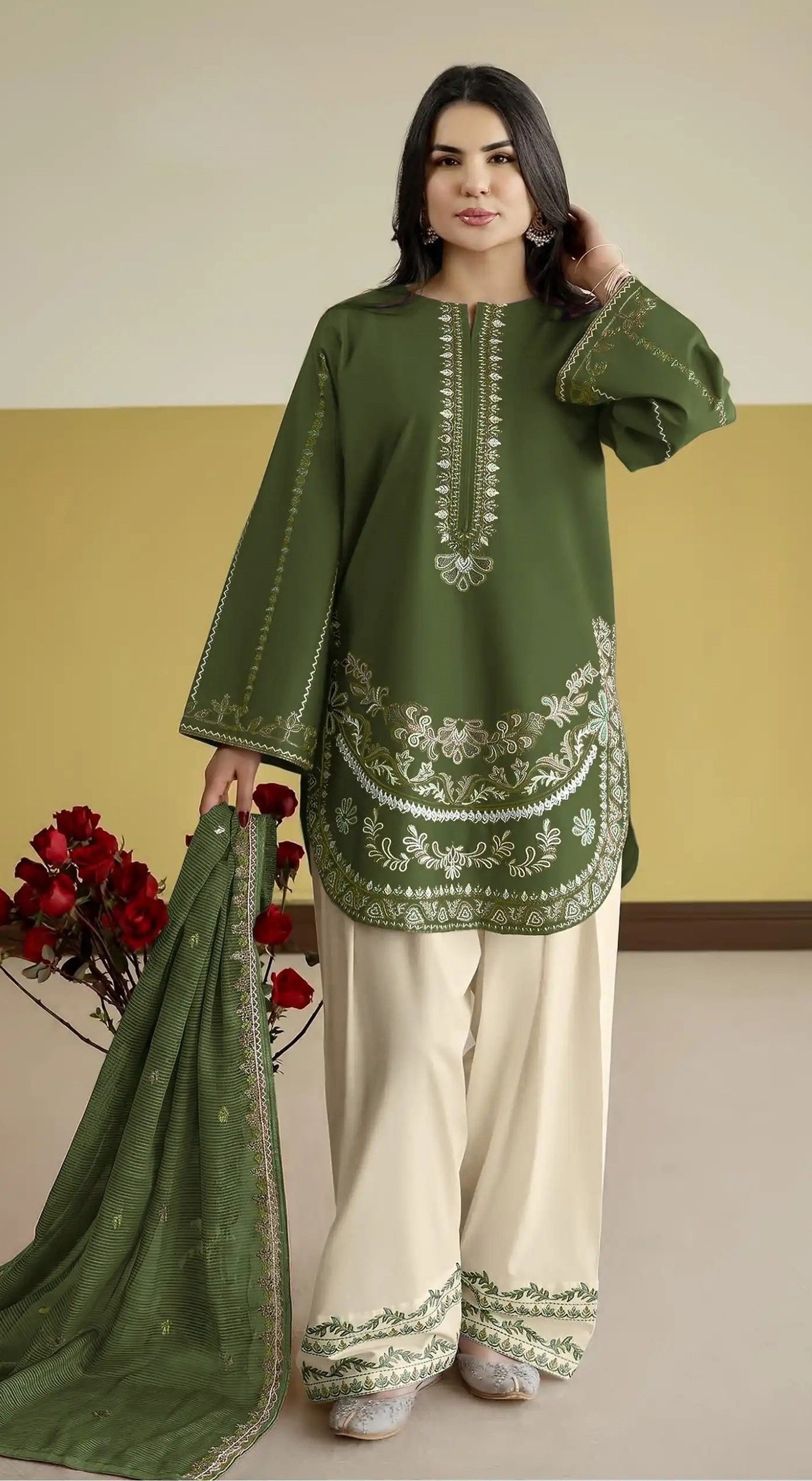 Mehendi Floral Embroidery Roman Silk Palazzo Suit