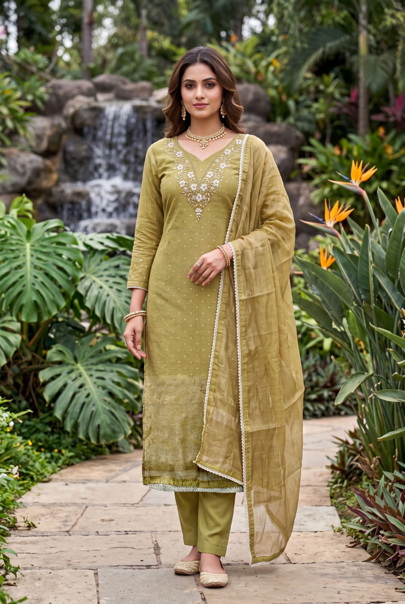Mehendi Floral Handwork Banarasi Cotton Straight Suit