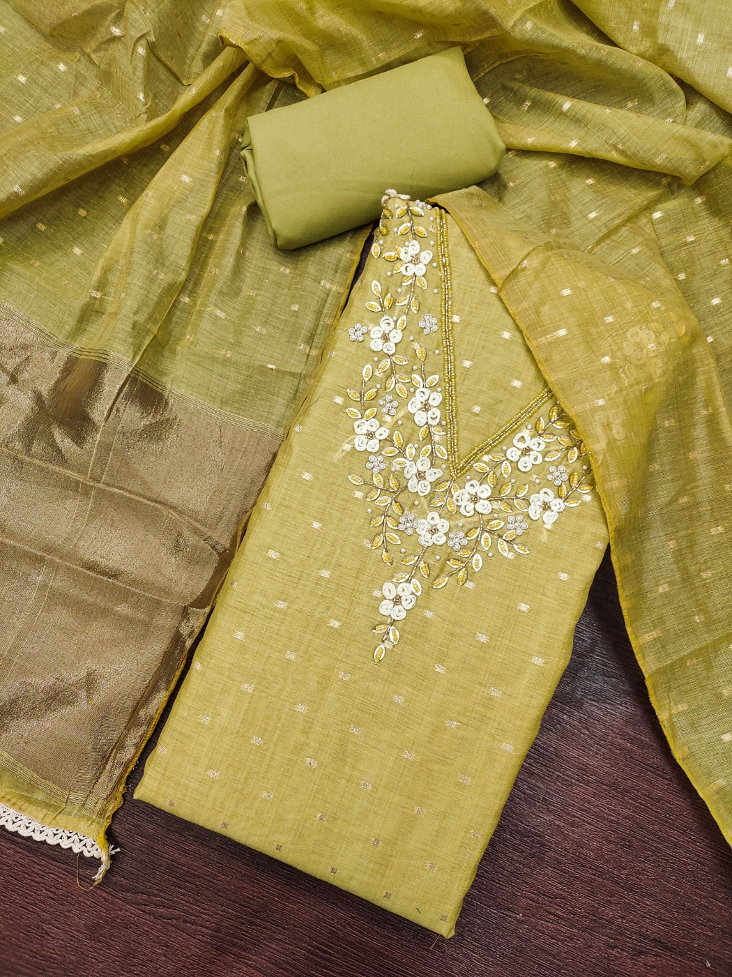 Mehendi Floral Handwork Banarasi Cotton Straight Suit