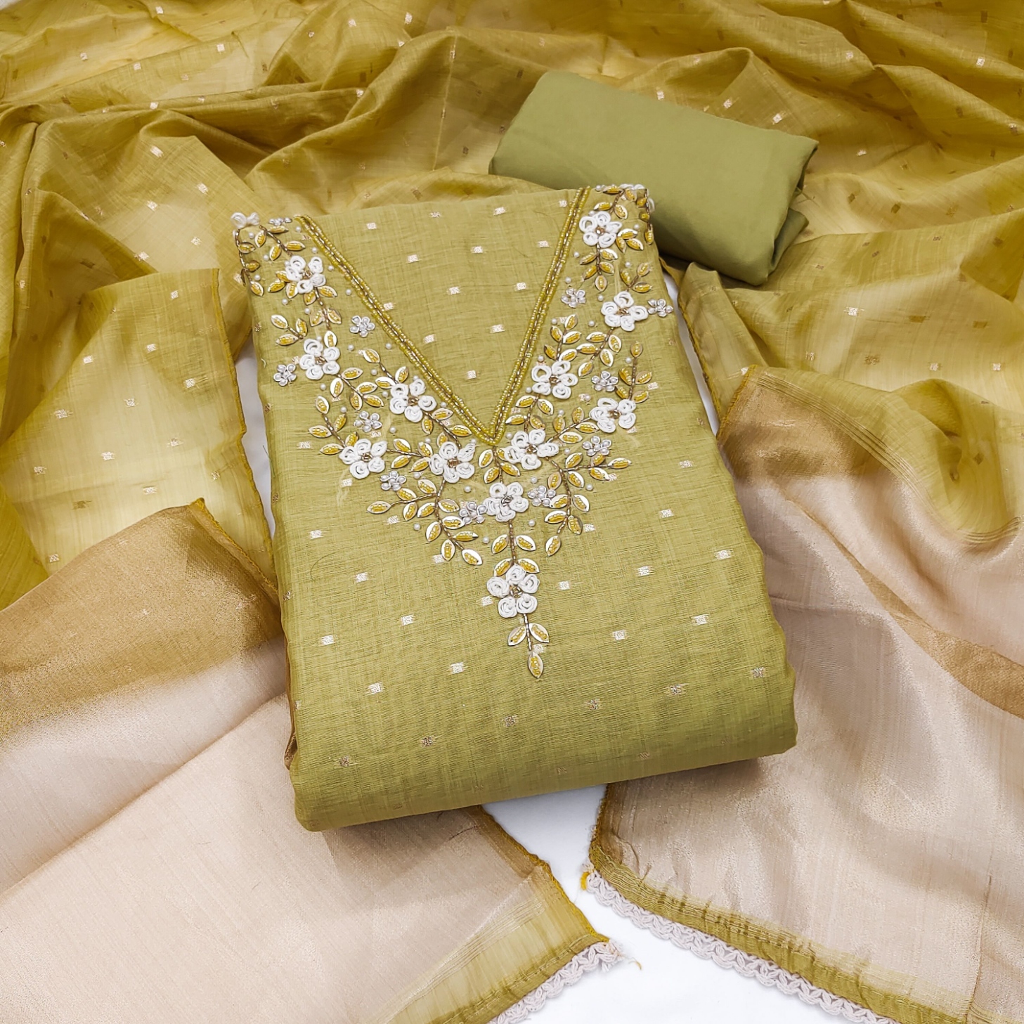 Mehendi Floral Handwork Banarasi Cotton Straight Suit