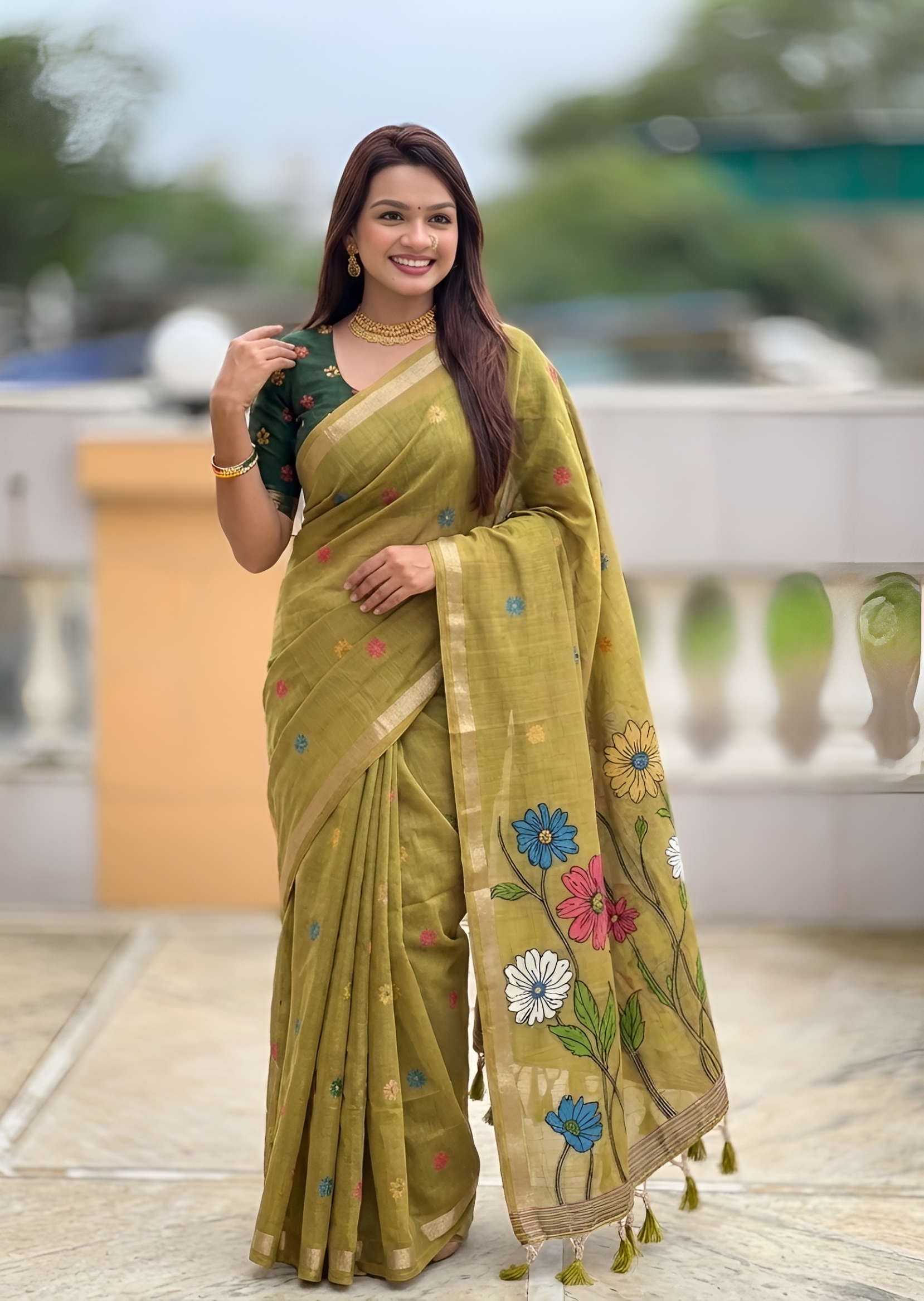 Mehendi Floral Meenakari Woven Cotton Silk Saree