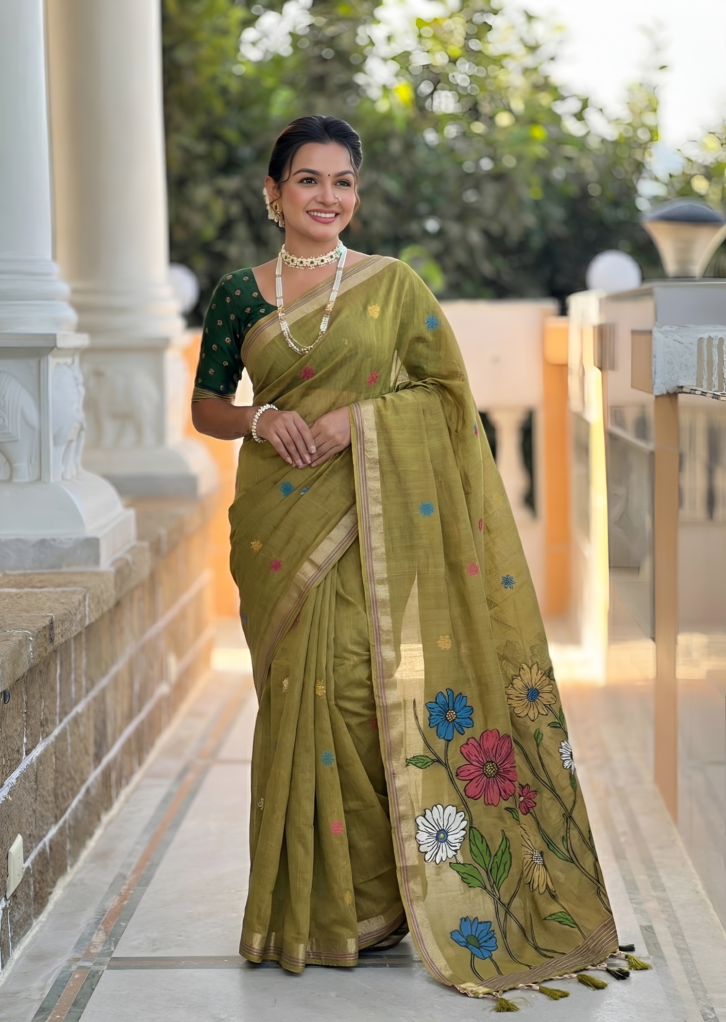 Mehendi Floral Meenakari Woven Cotton Silk Saree