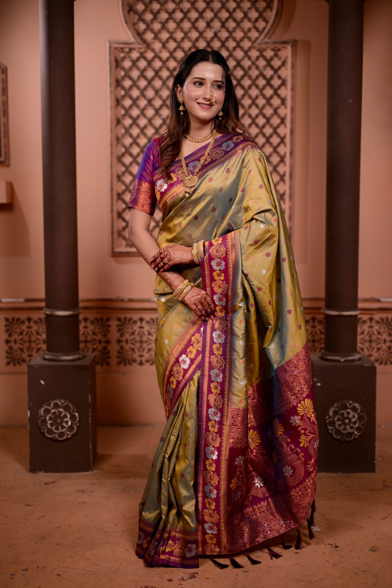 Mehendi Floral Motif Zari Woven Soft Silk Saree