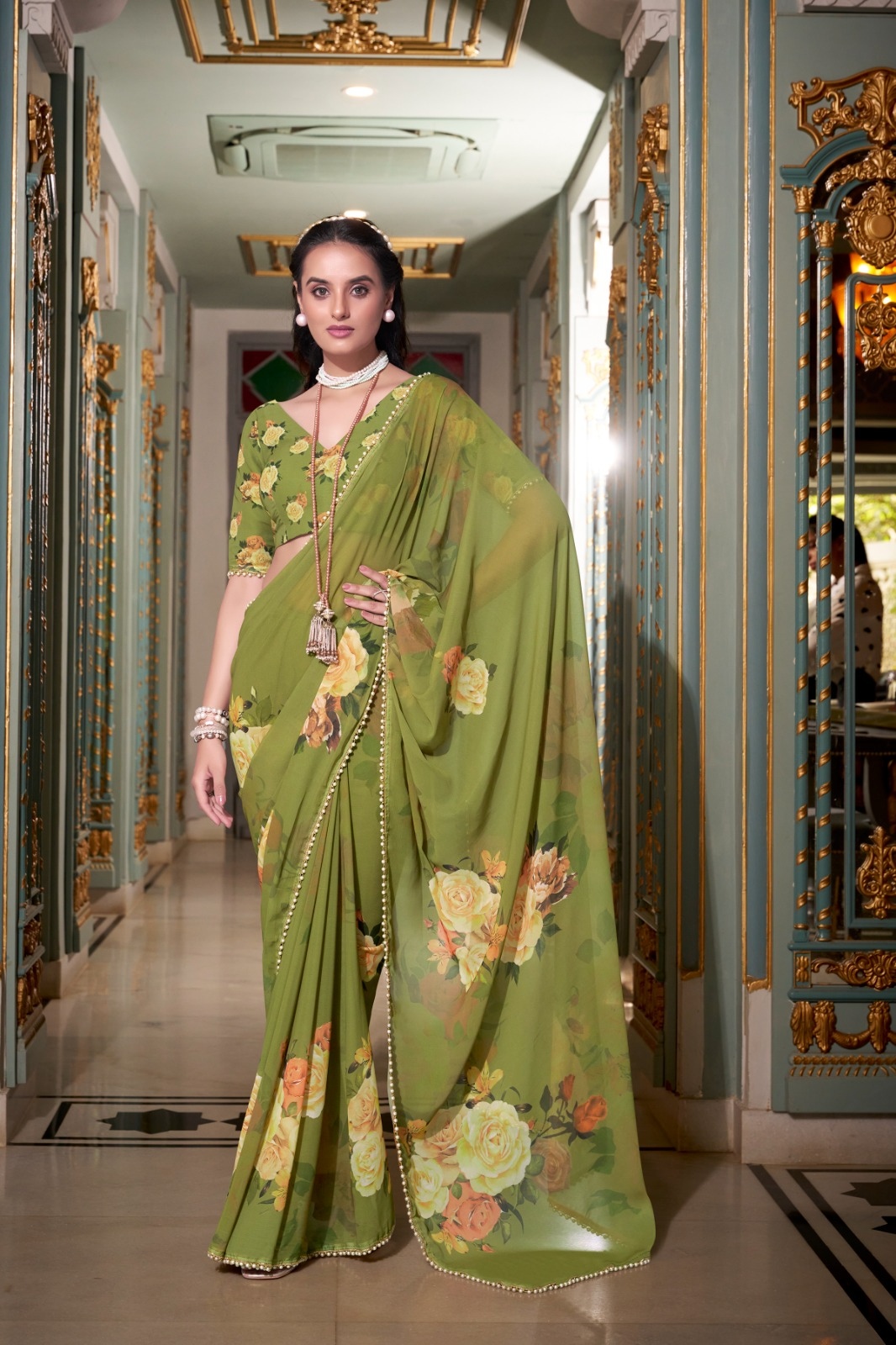 Mehendi Floral Printed Georgette Saree