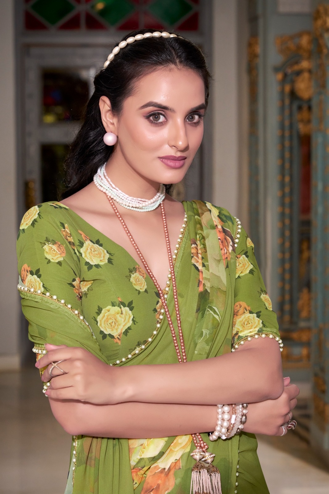 Mehendi Floral Printed Georgette Saree — alternate view