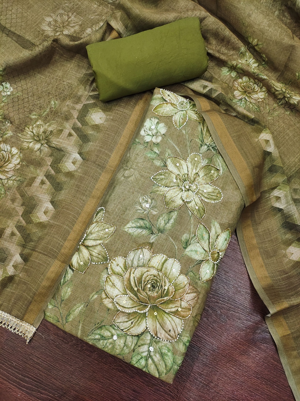 Mehendi Floral Printed Simmer Linen Cotton Straight Suit