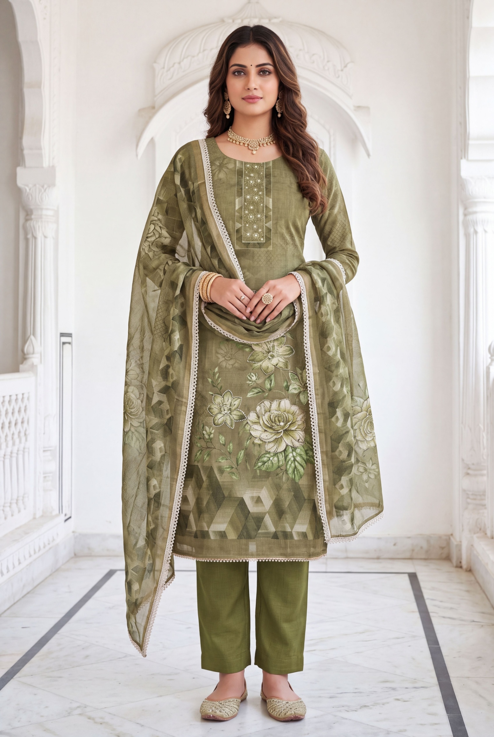 Mehendi Floral Printed Simmer Linen Cotton Straight Suit