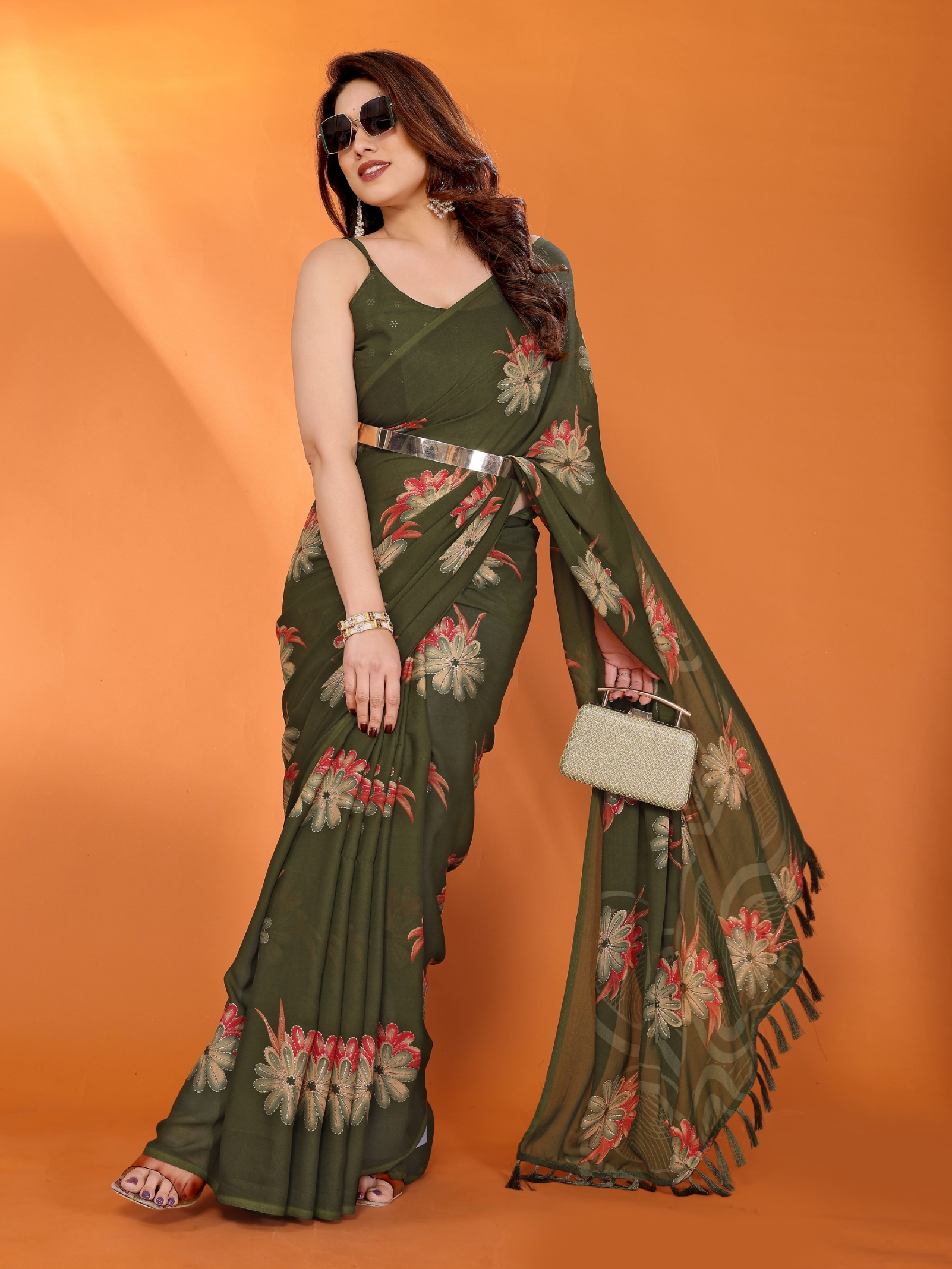Mehendi Floral Printed Work Bright Moss Satin Saree