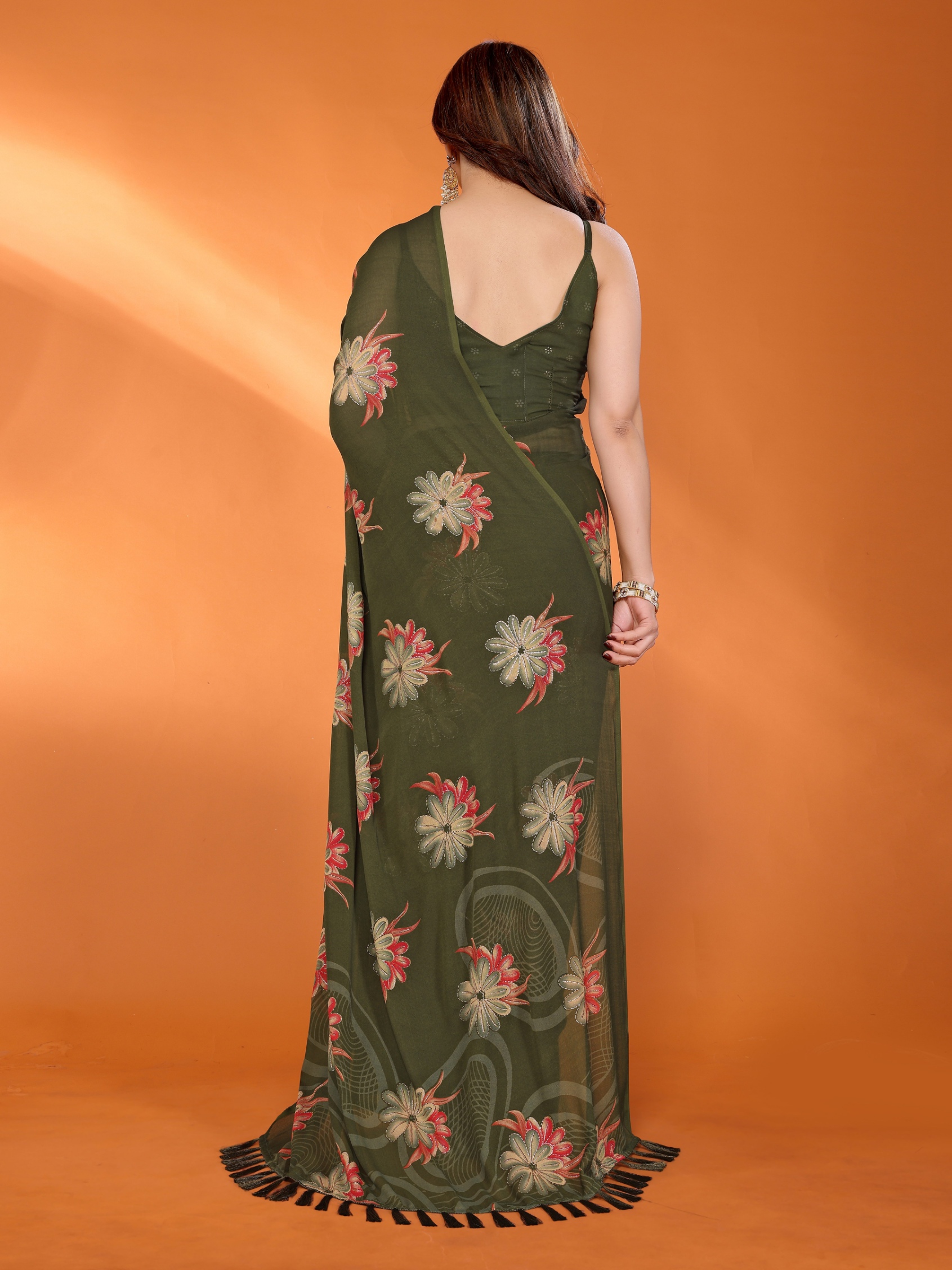 Mehendi Floral Printed Work Bright Moss Satin Saree — alternate view