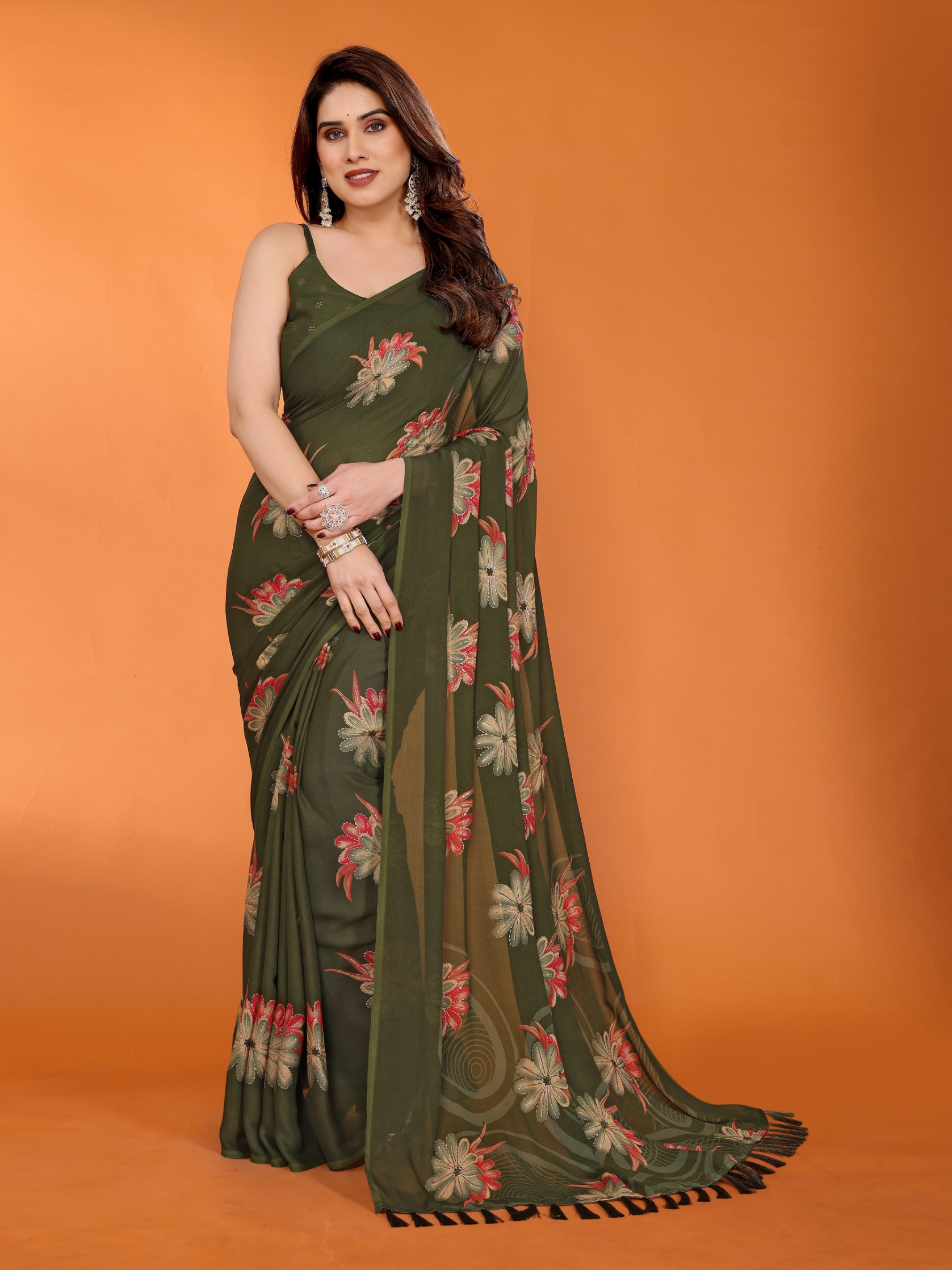 Mehendi Floral Printed Work Bright Moss Satin Saree