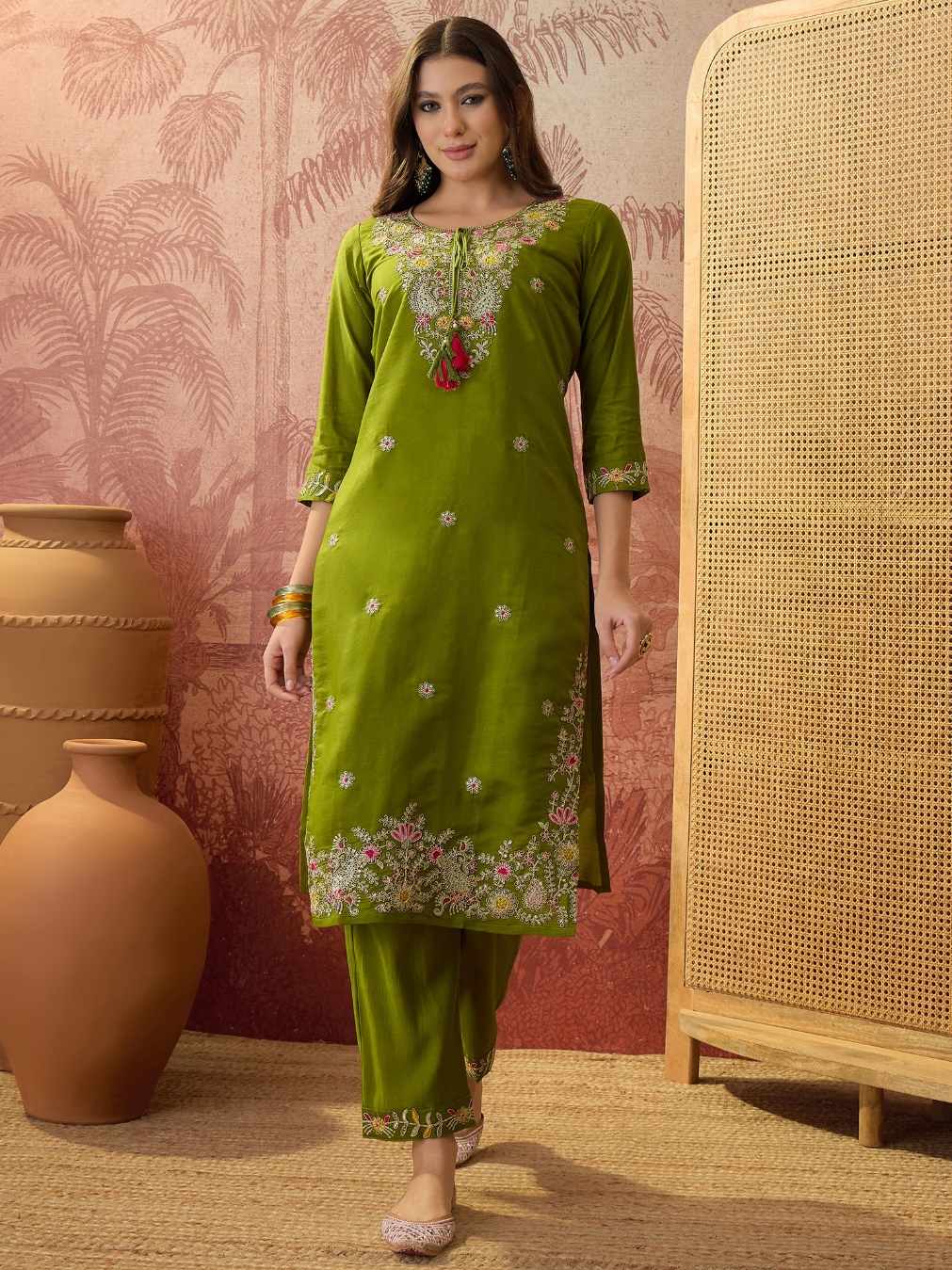 Mehendi Floral Thread Rayon Salwar Suit
