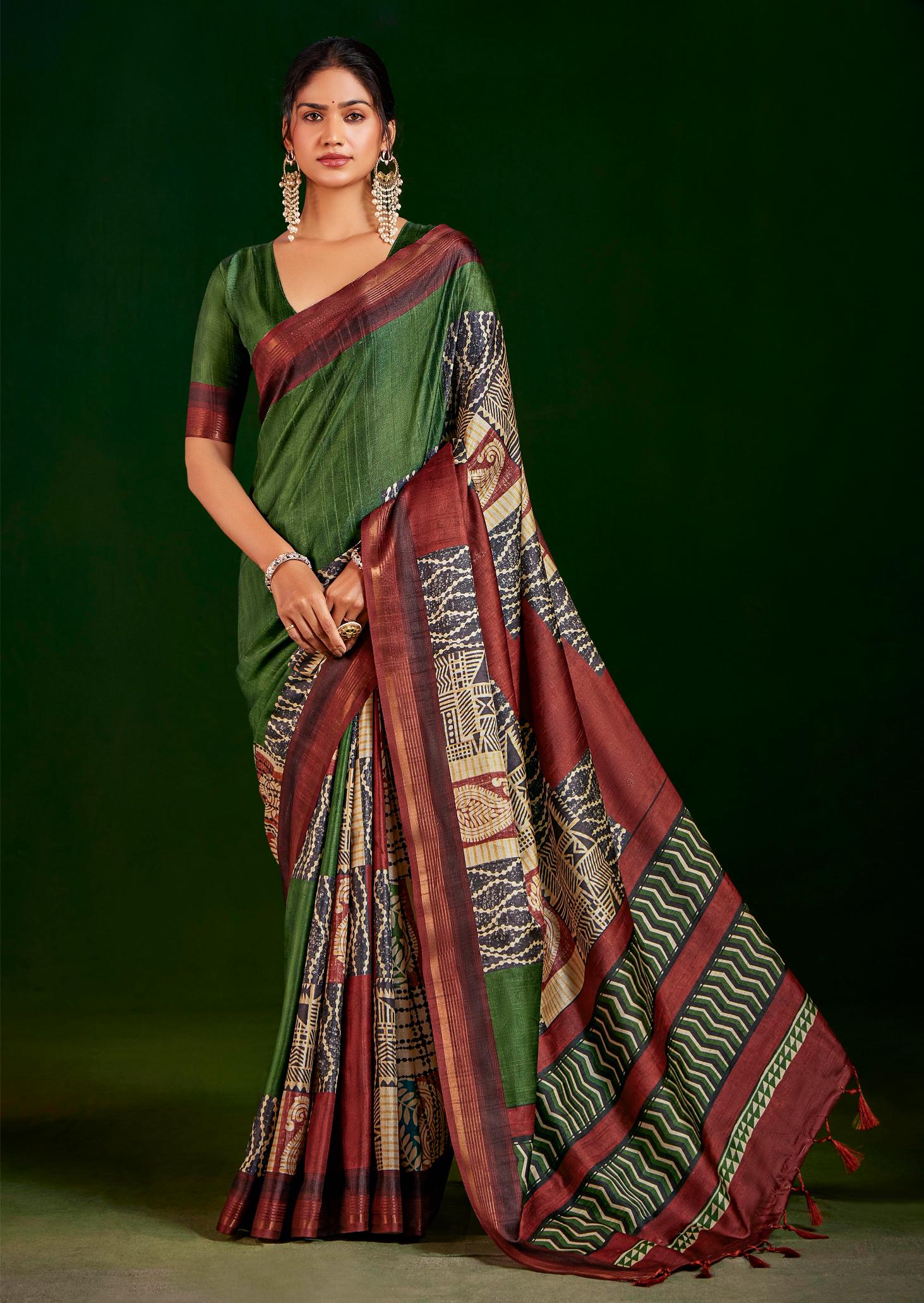 Mehendi Gathan Silk Woven Designer Digital Printed Saree