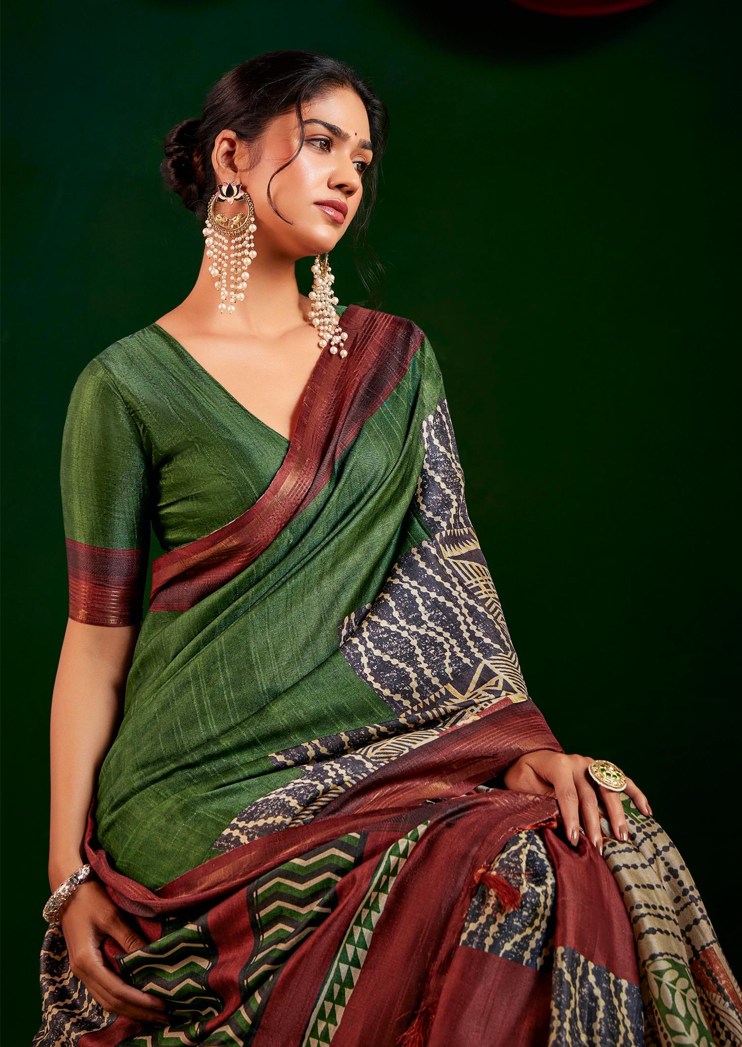 Mehendi Gathan Silk Woven Designer Digital Printed Saree