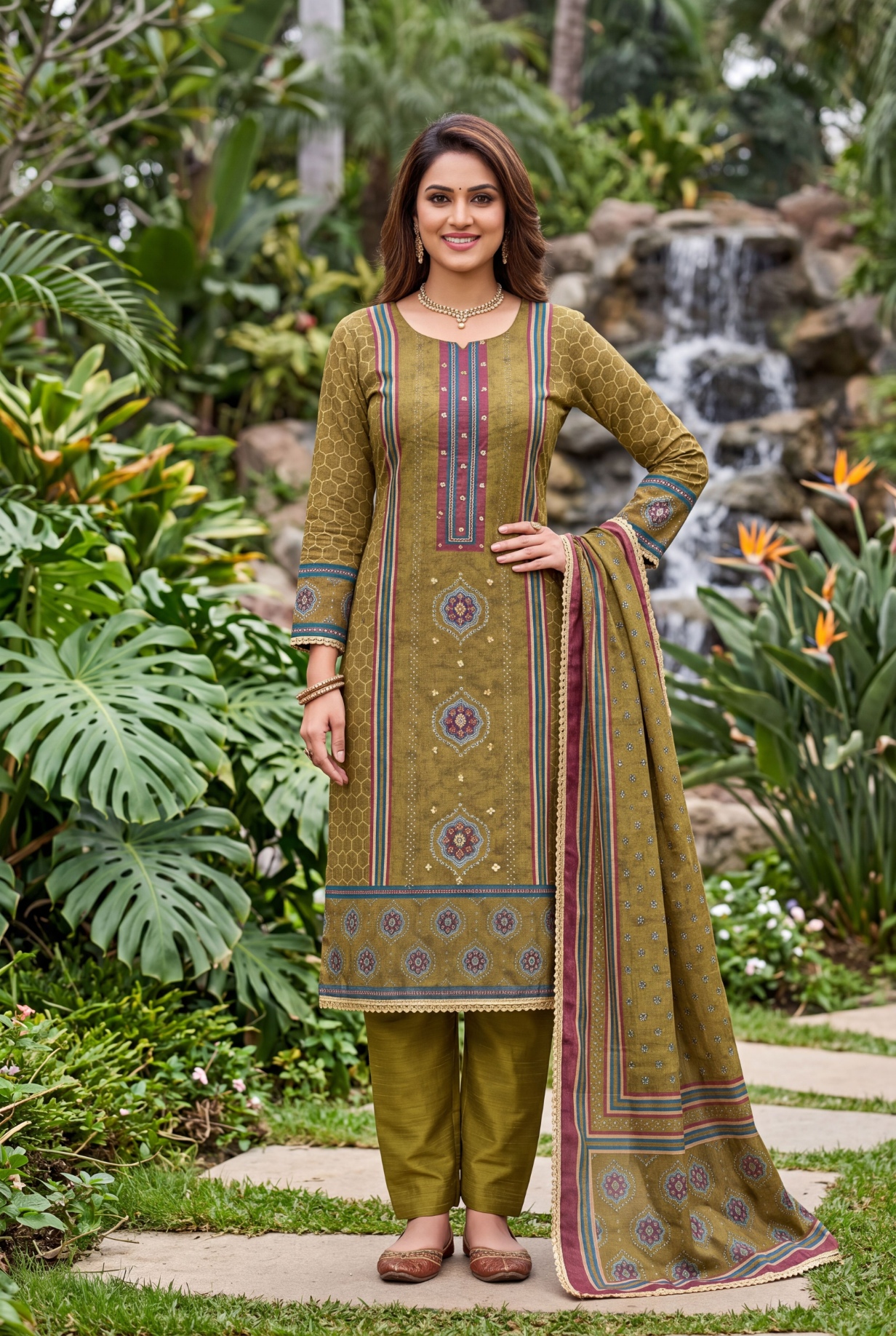 Mehendi Geometric Handwork Cotton Silk Straight Suit