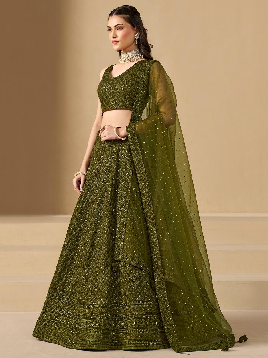 Mehendi Georgette Sequins Embroidered Lehenga Choli