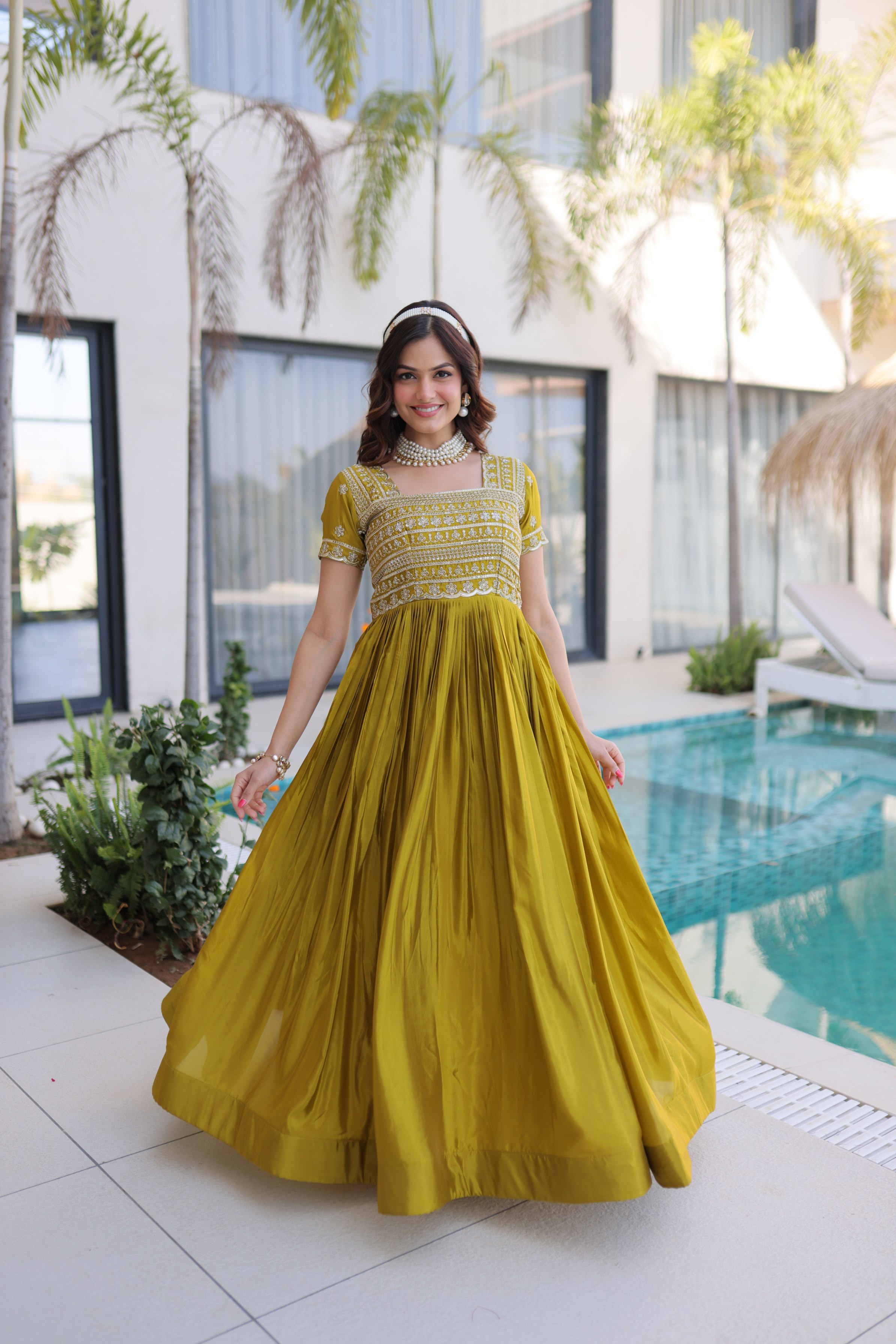 Mehendi Gold Sequins Zari Embroidered Organza Gown