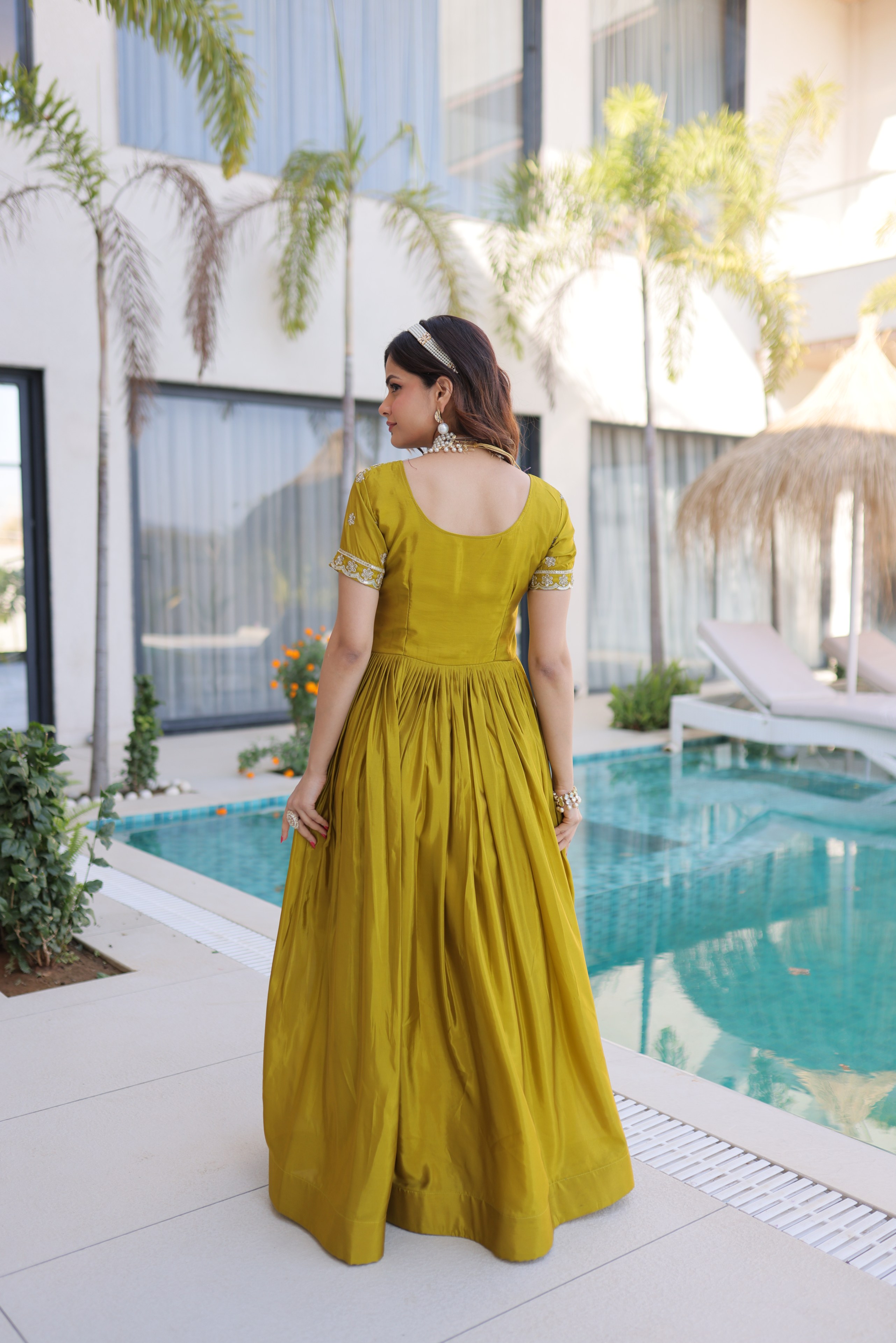 Mehendi Gold Sequins Zari Embroidered Organza Gown — alternate view