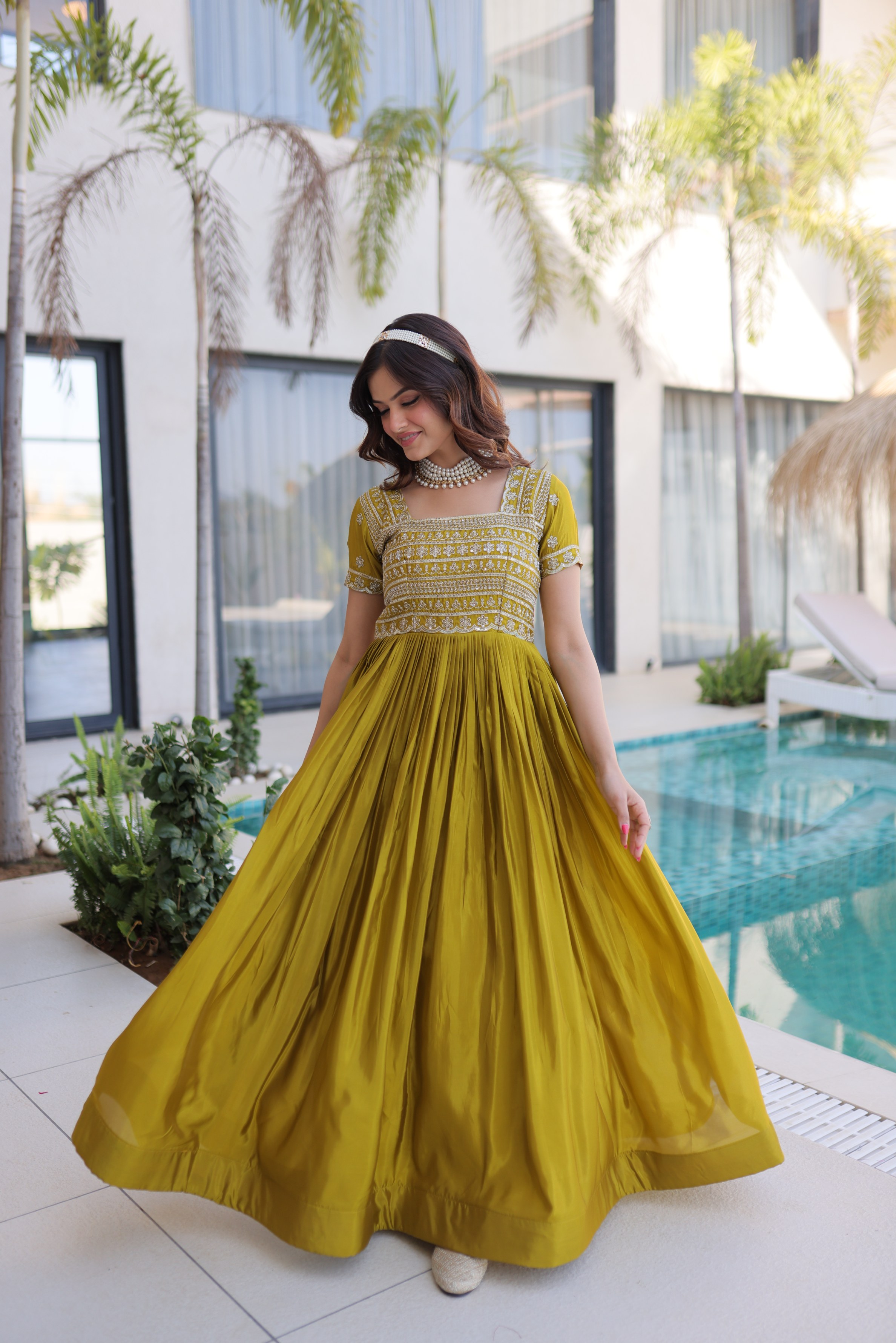Mehendi Gold Sequins Zari Embroidered Organza Gown