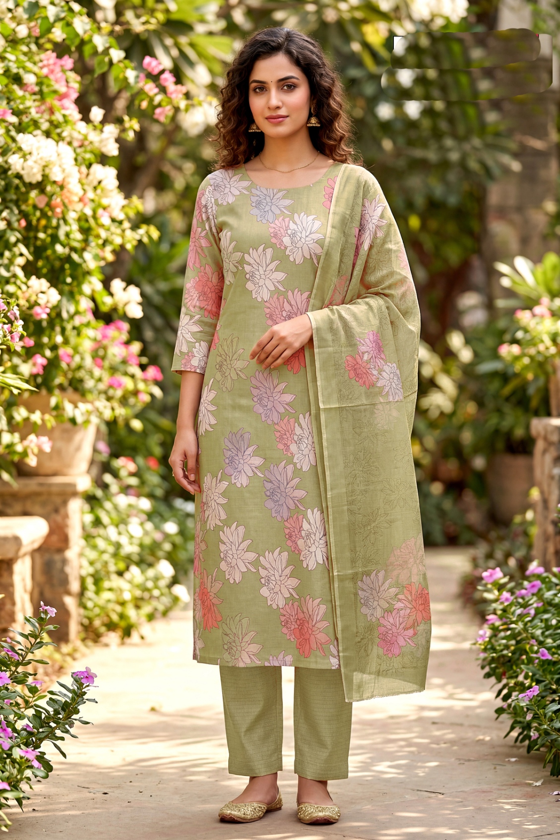 Mehendi Green Abstract Digital Cambric Anarkali Salwar Suit