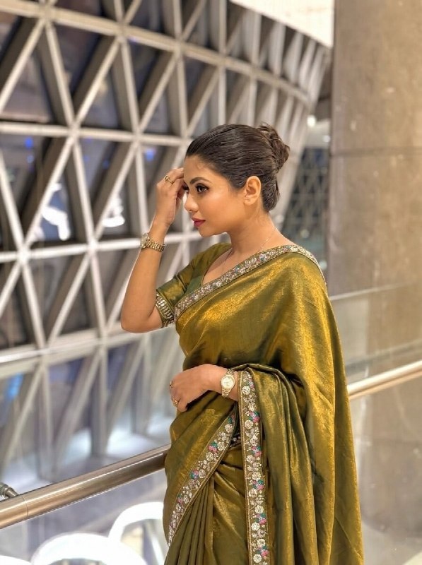 Mehendi Green Embroidered Fendy Satin Silk Saree — alternate view