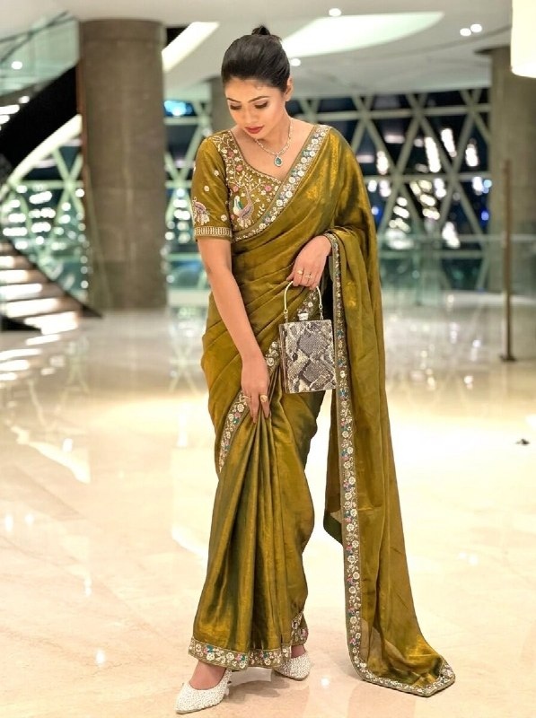 Mehendi Green Embroidered Fendy Satin Silk Saree