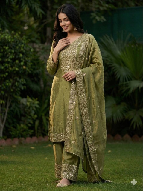 Mehendi Green Festive Embroidered Pure Fendy Silk Palazzo Suit