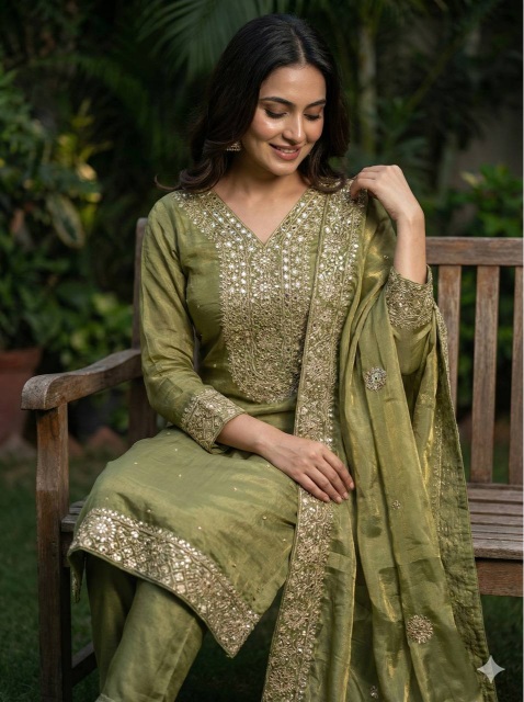 Mehendi Green Festive Embroidered Pure Fendy Silk Palazzo Suit — alternate view